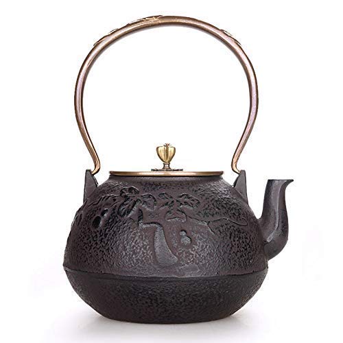 JHSHENGSHI 1.2L Cast Iron Teapot - Japanese Style Uncoated Iron Kettle for Boiling Tea, Double Copper Handle, Gourd Shape - Perfect for Traditional Tea Ceremonies, Home Brewing & Gift Giving