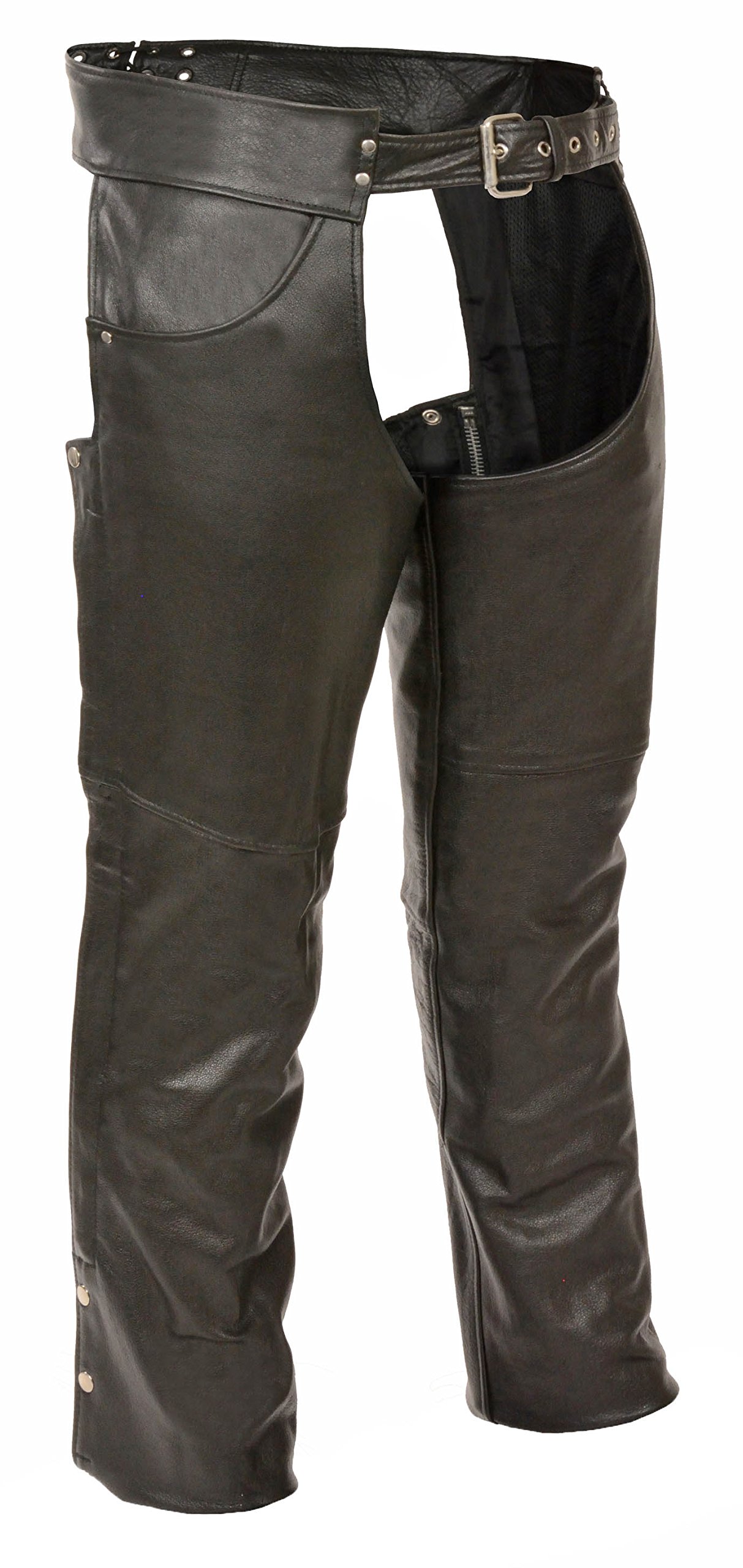 Men's Classic Leather Chaps with Denim Pockets - Tall Riding Chaps for Motorcycle, Biker, Cowboy & Equestrian Use