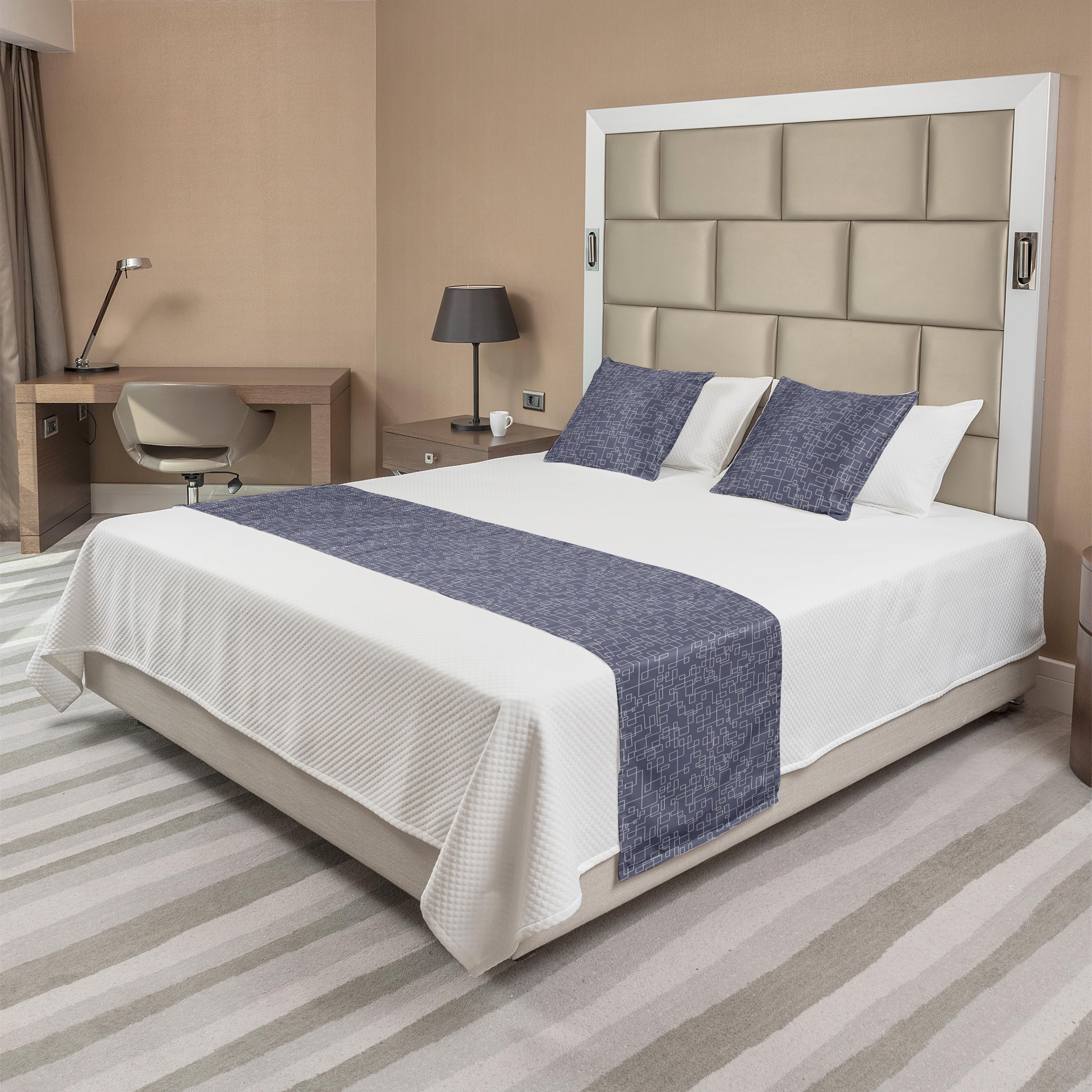 Ambesonne Geometric Bed Runner Set with Interwoven Stripes & Rectangle Square Pattern - Decorative Bed Scarf & 2 Pillow Shams for Queen Bed - Purple Grey & Coconut - Perfect for Hotels, Homes & Bedroom Decor