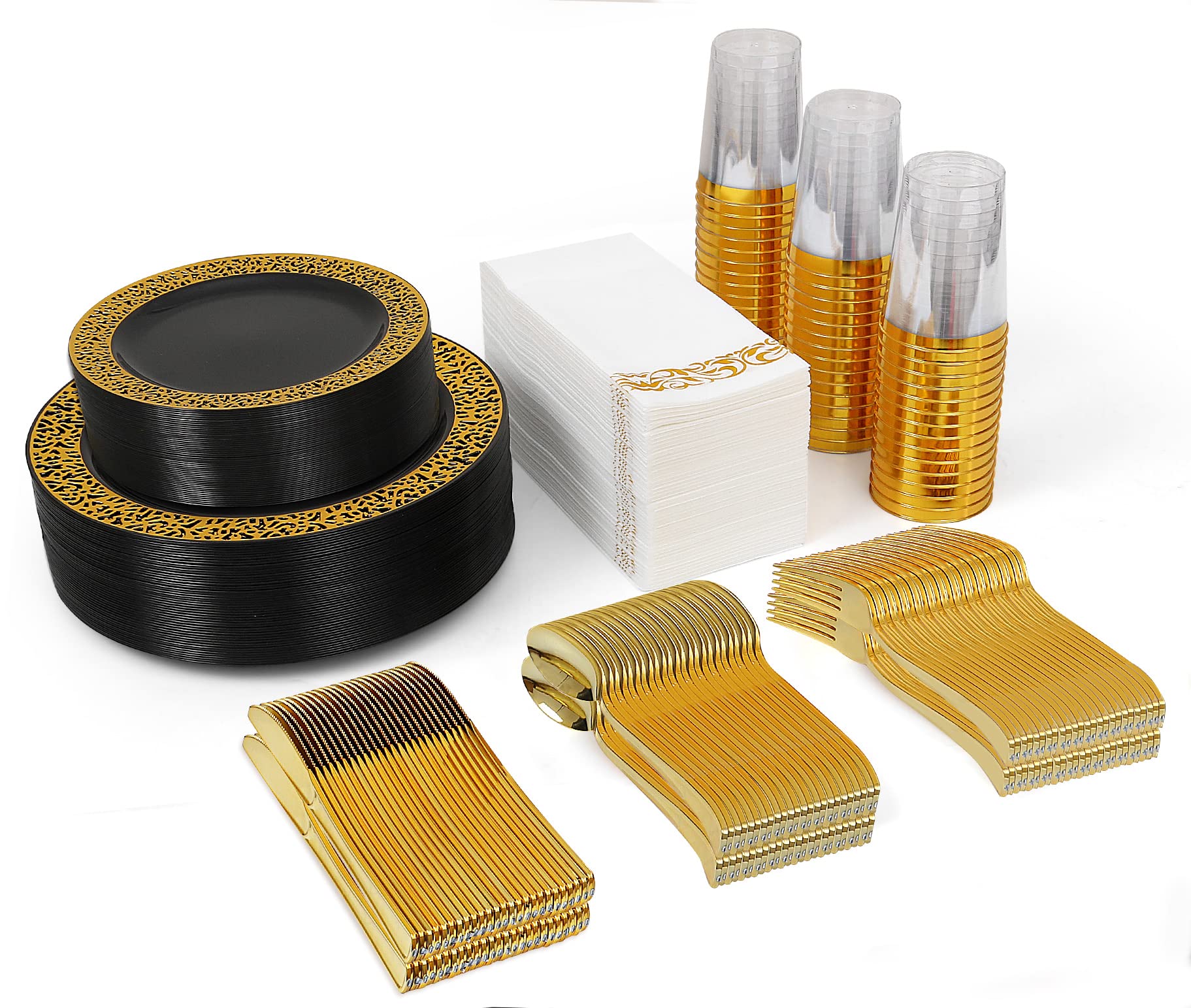 BAYZZ 350-Piece Black Gold Dinnerware Set - 50 Black Gold Lace Plastic Plates, 50 Gold Plastic Cutlery, 50 Gold Cups, 50 Linen-Like Gold Napkins - Elegant Party Tableware for Weddings, Banquets & Special Events