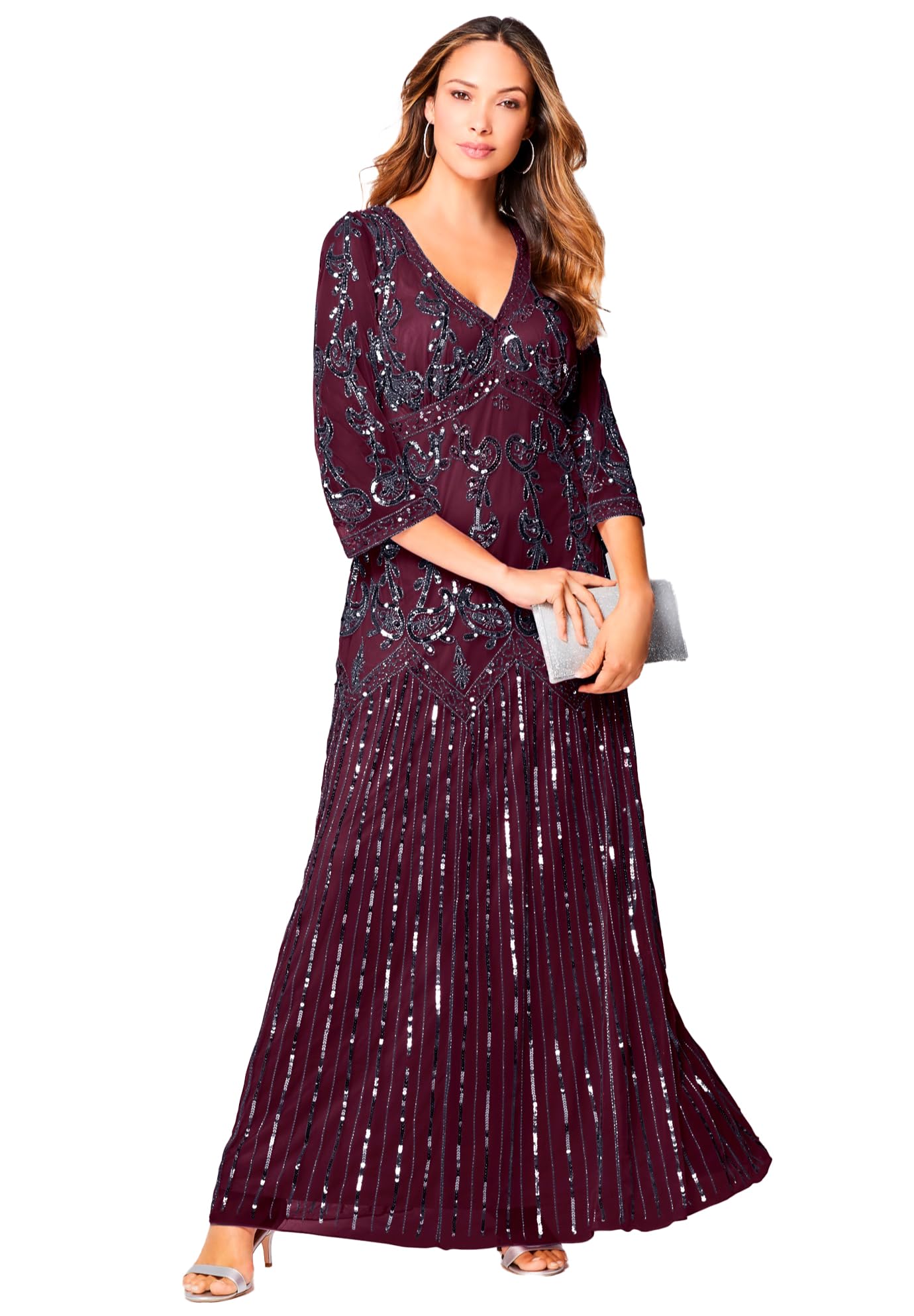 Romantic Women's Plus Size Beaded V-Neck Evening Gown for Prom, Wedding & Formal Events | Elegant Beaded Dress for Curvy Women
