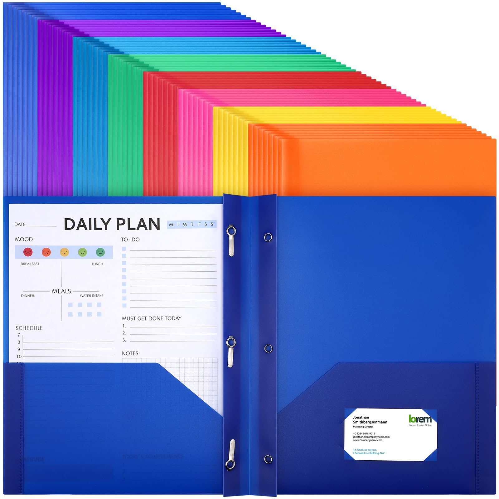 Cholemy 72 Pack Heavy Duty Plastic Pocket Folders with Prongs - 3 Prong Fasteners, Business Card Slot for School, Office, Organizing Documents (Cute Design) - Perfect for Students, Teachers & Professionals