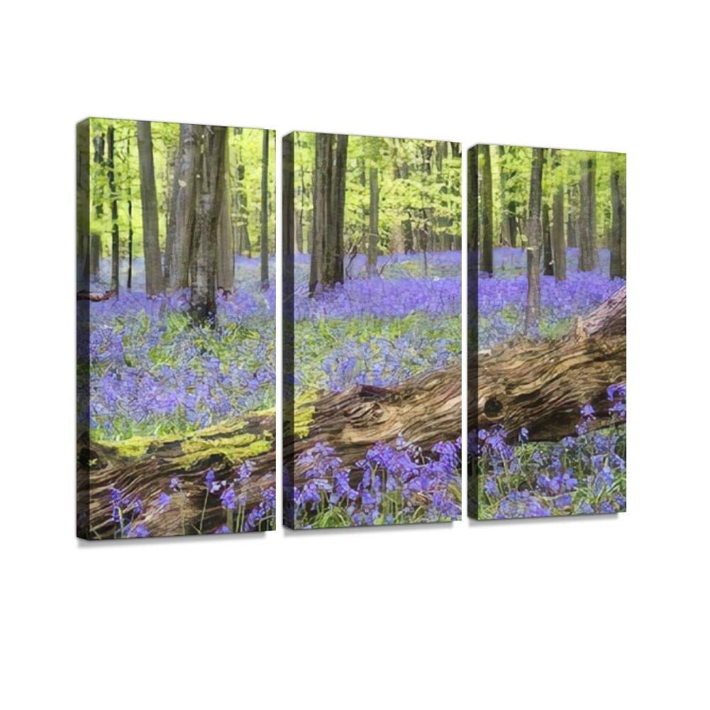 Bluebell Flowers Spring Forest Landscape Canvas Wall Art - 3 Panel Paintings for Living Room & Bedroom Decor - Nature Inspired Home Wall Decor Posters - Perfect for Housewarming Gifts & Interior Design