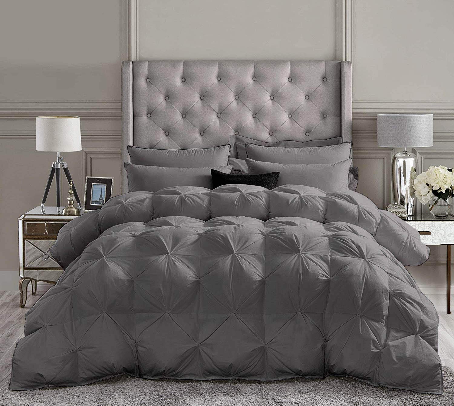 Premium 500 GSM Soft Ash Gray 5-Piece Pinch Pleated California King Comforter Set - 100% Egyptian Cotton Duvet Insert with 4 Pillow Shams - Luxury Bedding for Master Bedroom & Guest Room Decor