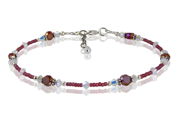 Opal Satin Ruby Crystal Beaded Anklet - Elegant Adjustable Ankle Bracelet for Women, Perfect for Weddings, Beach Parties & Boho Fashion
