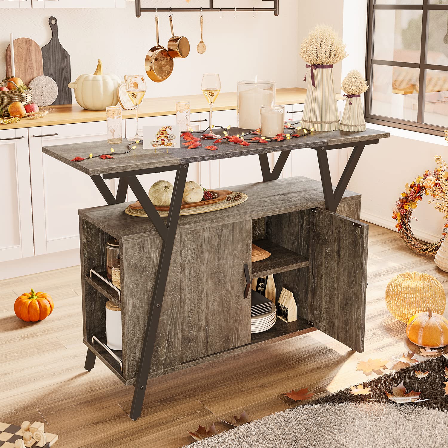 Bestier Retro Oak Kitchen Island with Storage Cabinet & Adjustable Shelves - Coffee Bar Cabinet, Buffet Table, Sideboard for Dining Room, Living Room, Entryway & Hallway - Perfect for Small Space Organization & Entertaining Guests