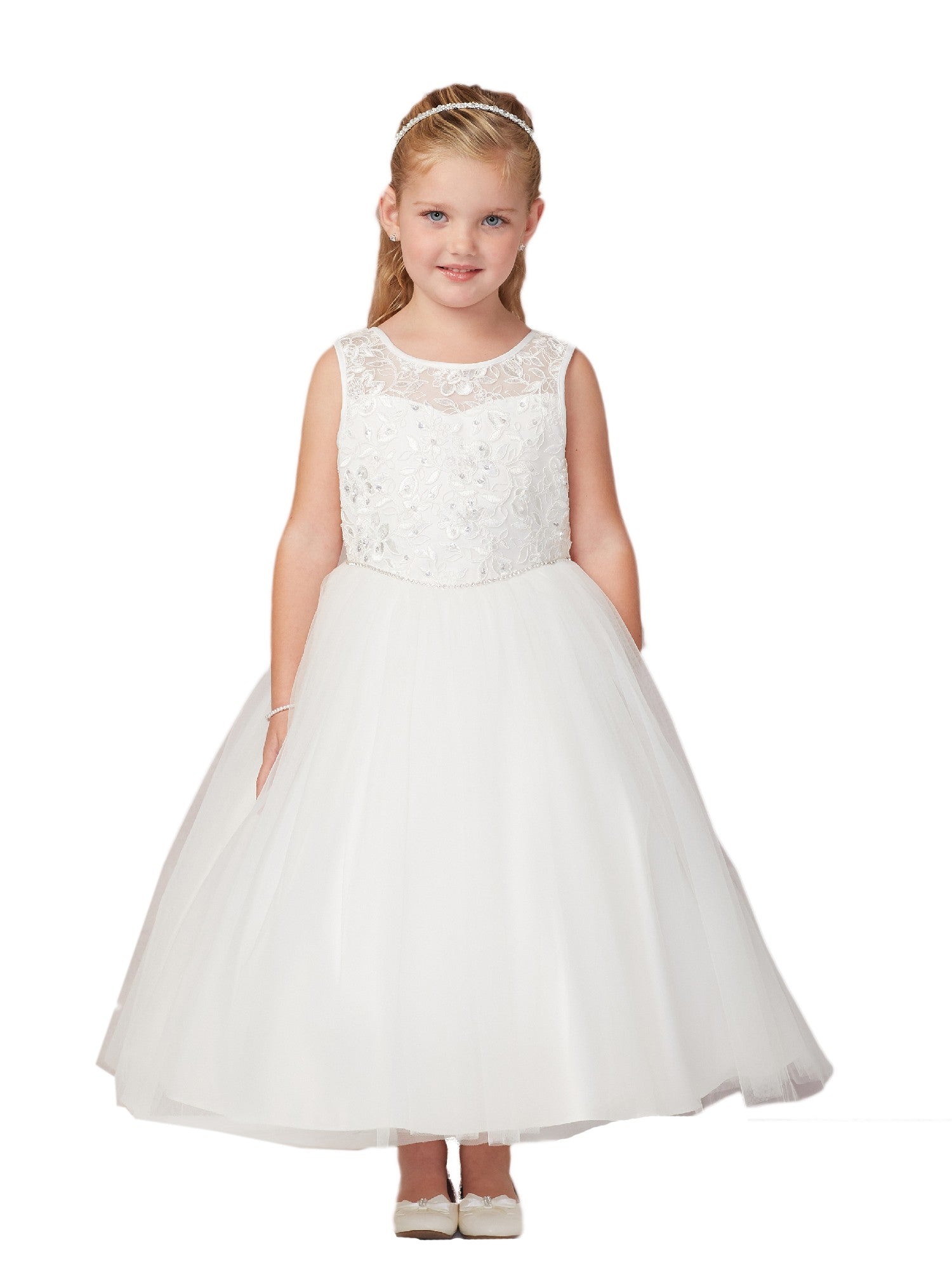 Ivory Illusion Lace Tulle Junior Bridesmaid Dress for Big Girls Size 8-16 - Perfect for First Communion, Wedding Party & Special Occasions