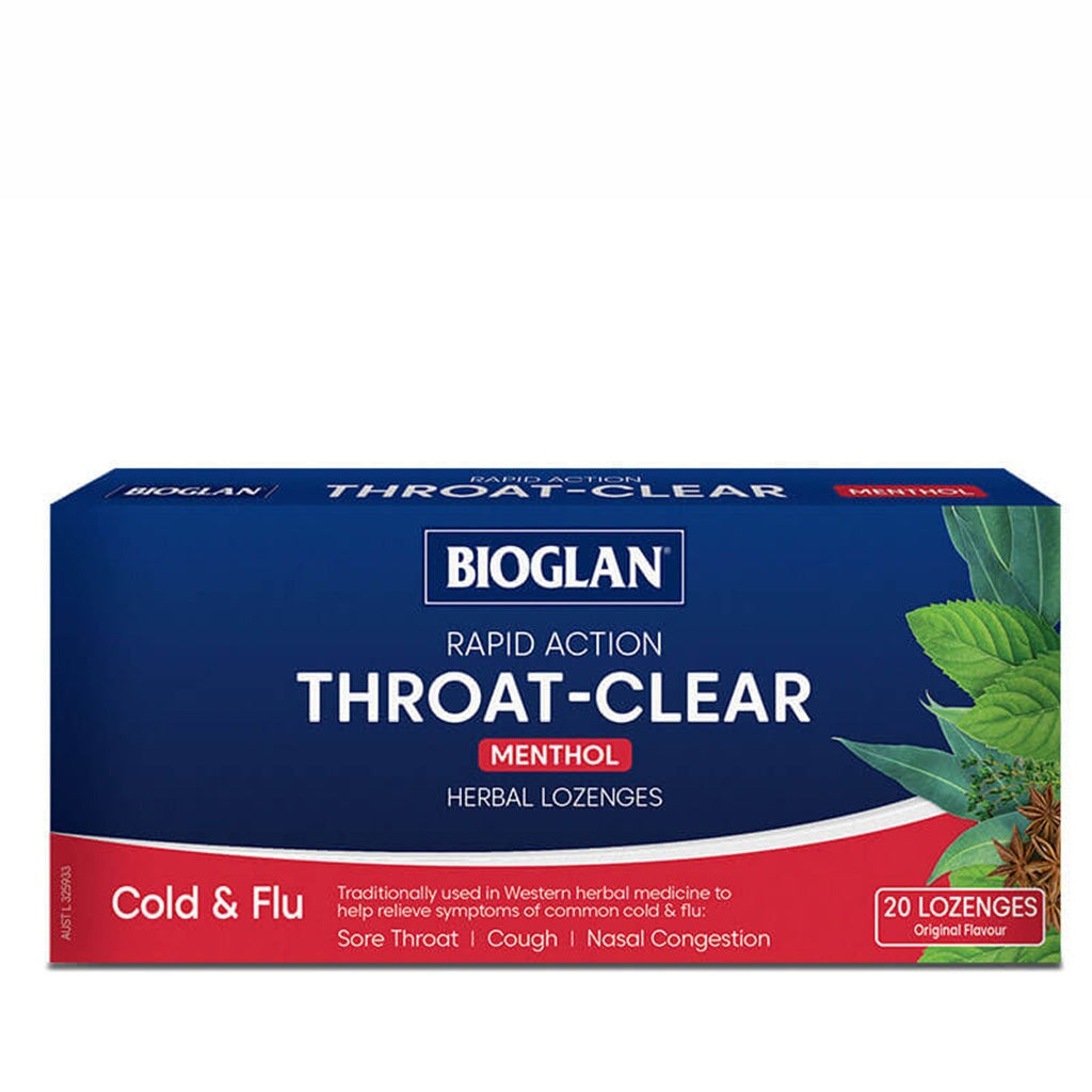 Bioglan Throat Clear - Natural Sore Throat Relief & Soothing Lozenges for Adults | Herbal Remedy for Cough & Cold | Perfect for Travel, Work & Home Use