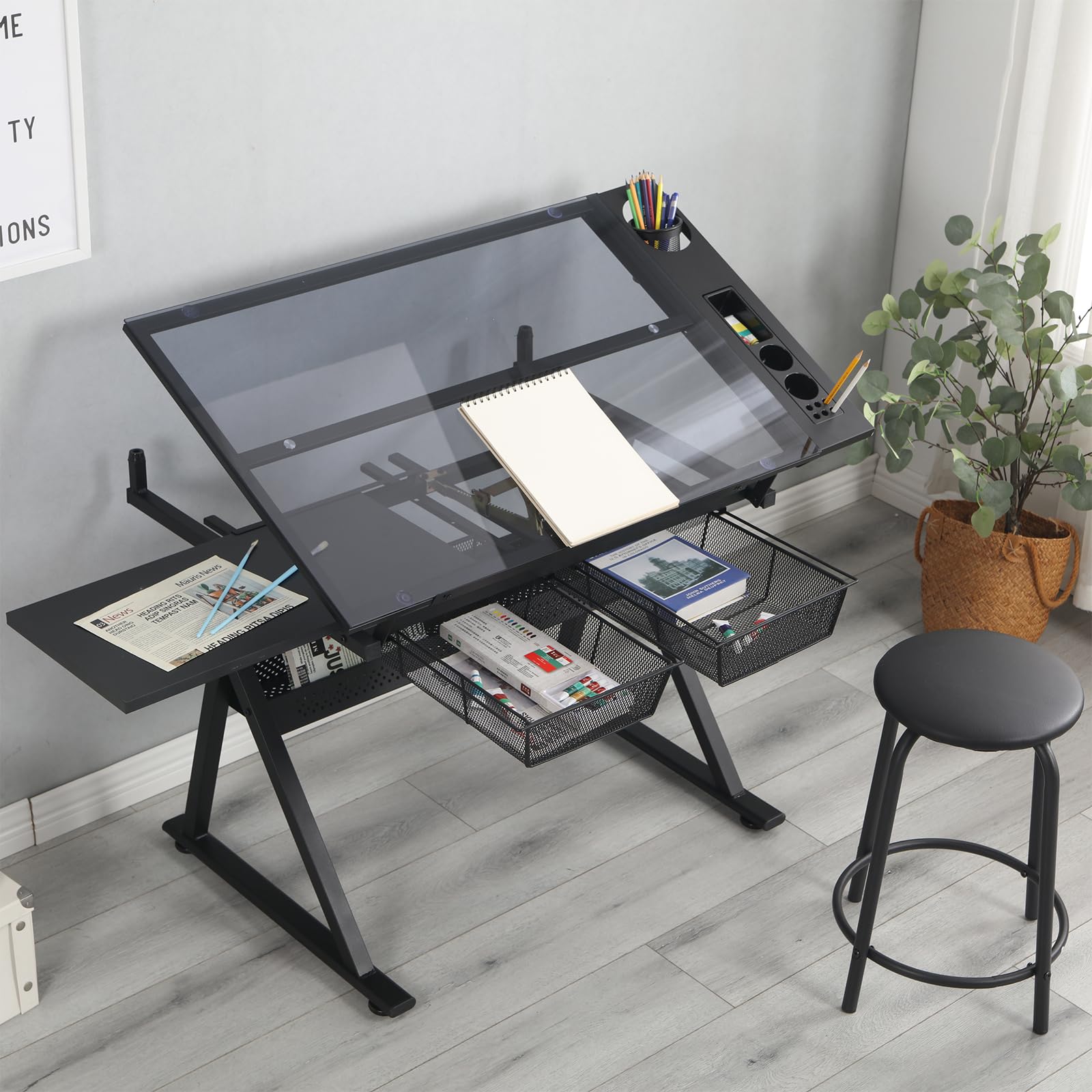 Adjustable Drafting Table with Stool Set - Tempered Black Glass Art Desk for Drawing, Painting & Sketching - Ergonomic Height & Angle Adjustments for Artists, Designers & Home Office Use