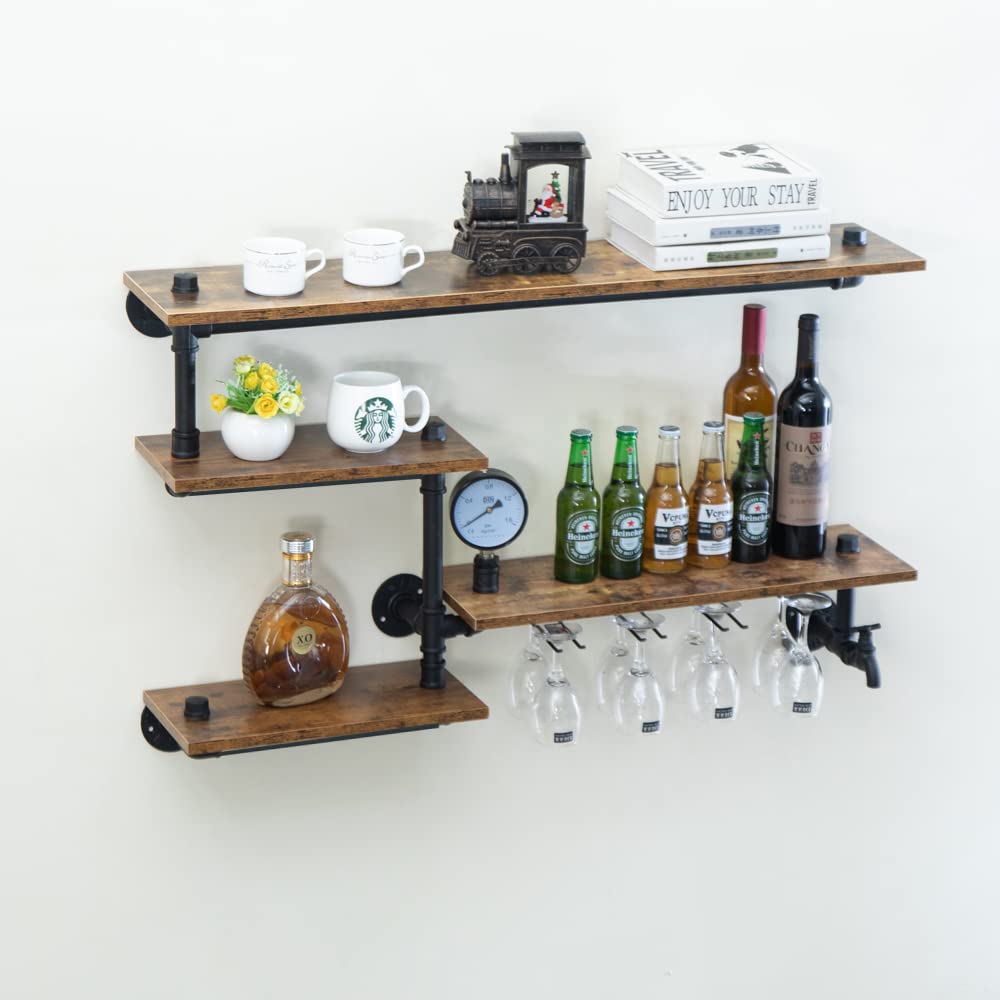 HEONITURE Industrial Pipe Bar Shelf with 4 Stem Glass Holder - 39 Inch Floating Wine Rack, Wall Mounted Liquor Display Shelf for Home Bar, Living Room - Black (7.87