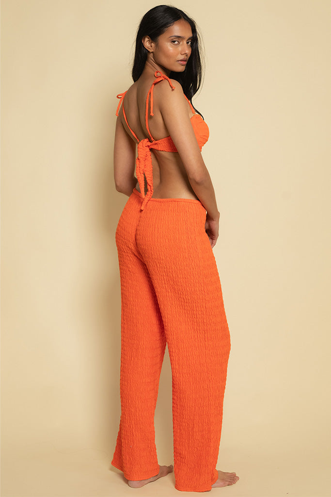 Montce Women's Drawstring Wide Leg Pants - Comfortable High Waisted Casual Lounge Pants in Tangerine Orange | Perfect for Yoga, Travel & Relaxing at Home