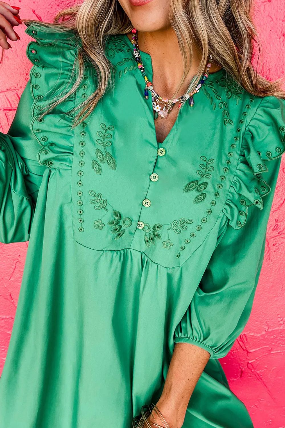 Stylish Embroidered Green Short Resort Dress for Women - Perfect for Beach Vacations, Summer Getaways & Tropical Holidays