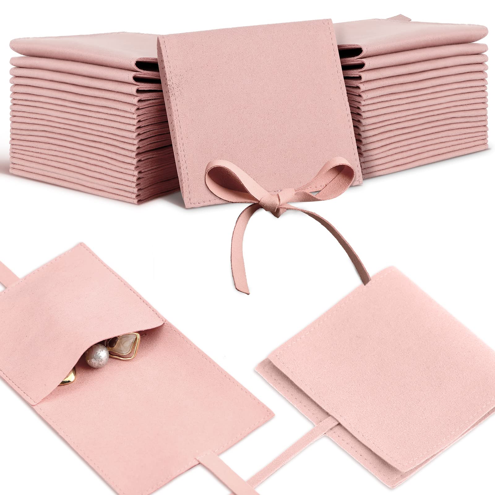 40 Pcs 8x8cm Microfiber Jewelry Pouches with Bow Tie - Soft Pink Luxury Gift Bags for Rings, Necklaces & Earrings - Perfect for Wedding Favors, Bridesmaid Gifts & Jewelry Storage