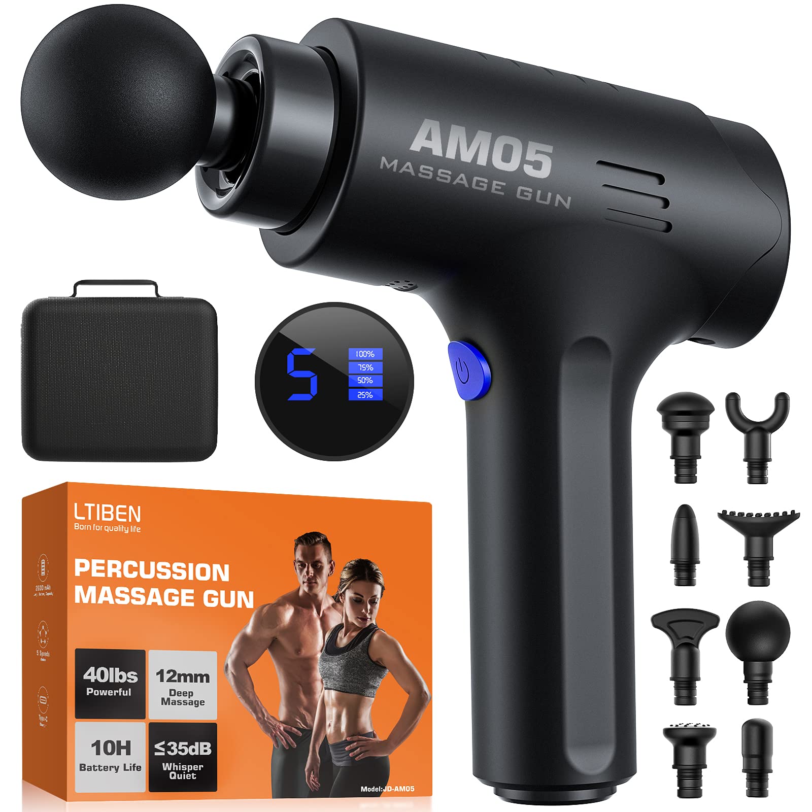 LTIBEN Deep Tissue Massage Gun for Athletes - Percussion Muscle Massager with 8 Attachments & 5 Speed Levels - Portable Handheld Pain Relief Device for Muscle Recovery, Back Pain & Relaxation - Perfect for Post-Workout, Physical Therapy & Home Use (Black)