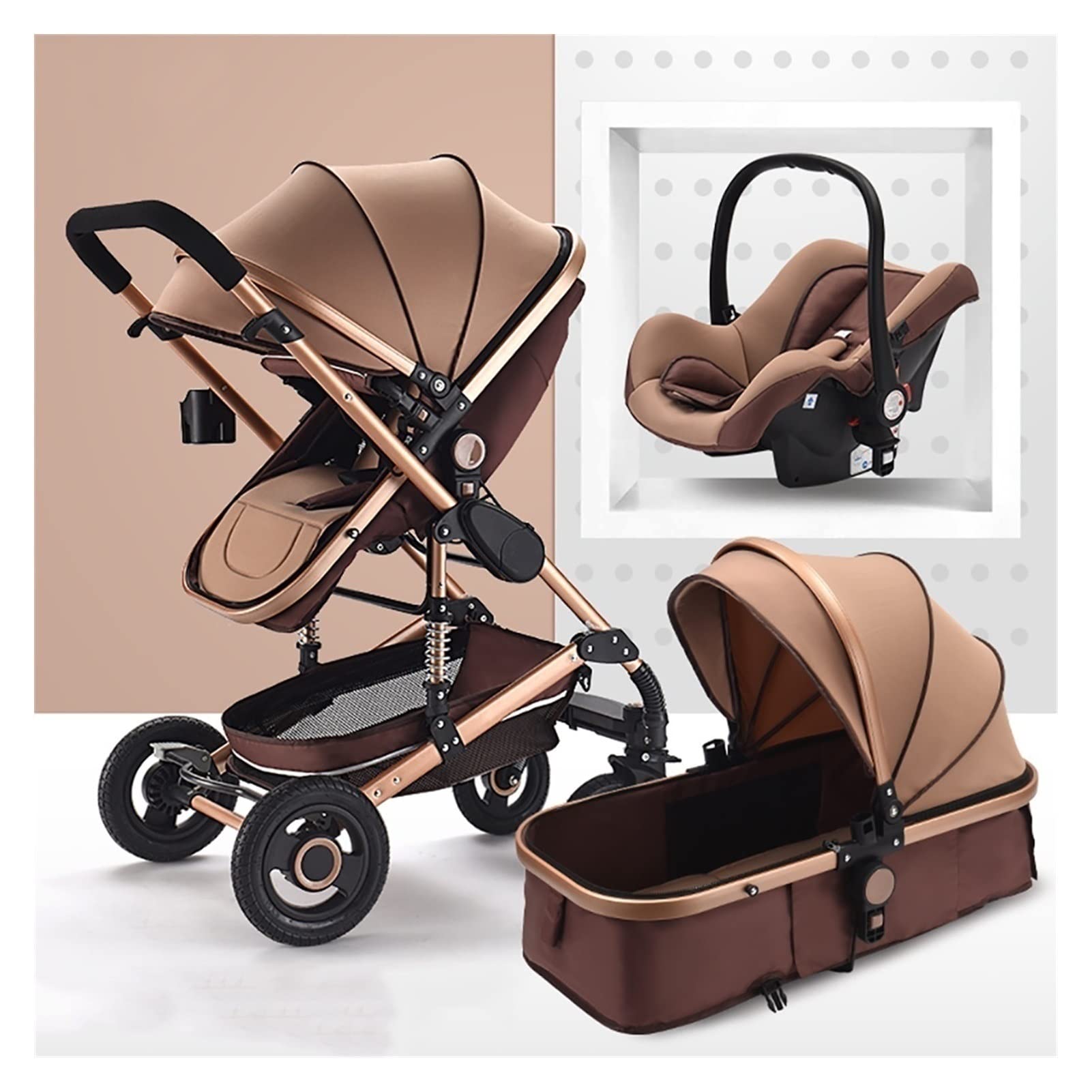 Luxury Foldable Baby Stroller with Shock Absorption Springs, High View Pram, Mosquito Net & Cup Holder - Gold | Comfortable & Safe for Newborns, Toddlers | Perfect for Park Walks, Shopping & Travel