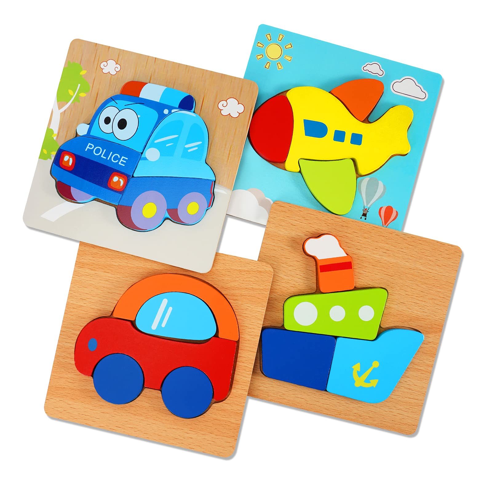Wooden Jigsaw Puzzles for Toddlers 3+ Years Old - 4 Pack Vehicle Shape Montessori Learning Toys for Boys & Girls | Educational Gifts for Kids Birthday, Preschool & Homeschool Activities