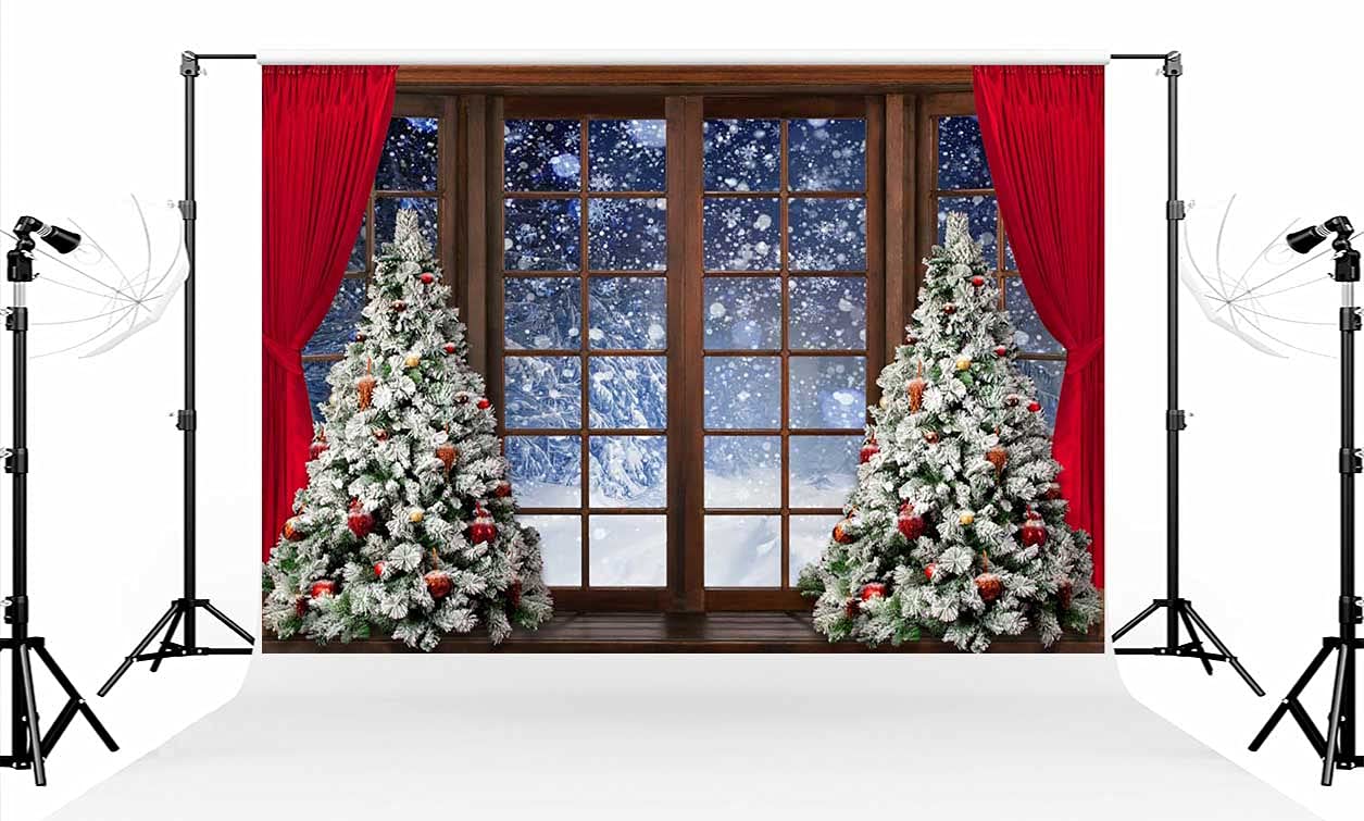Kate 10×6.5ft (3×2m) Winter Christmas Tree Photo Backdrop with Wooden Window & Snow Scene - Snowflake Photography Background for Studio Props | Perfect for Holiday Portraits, Christmas Card Photos & Winter Themed Shoots