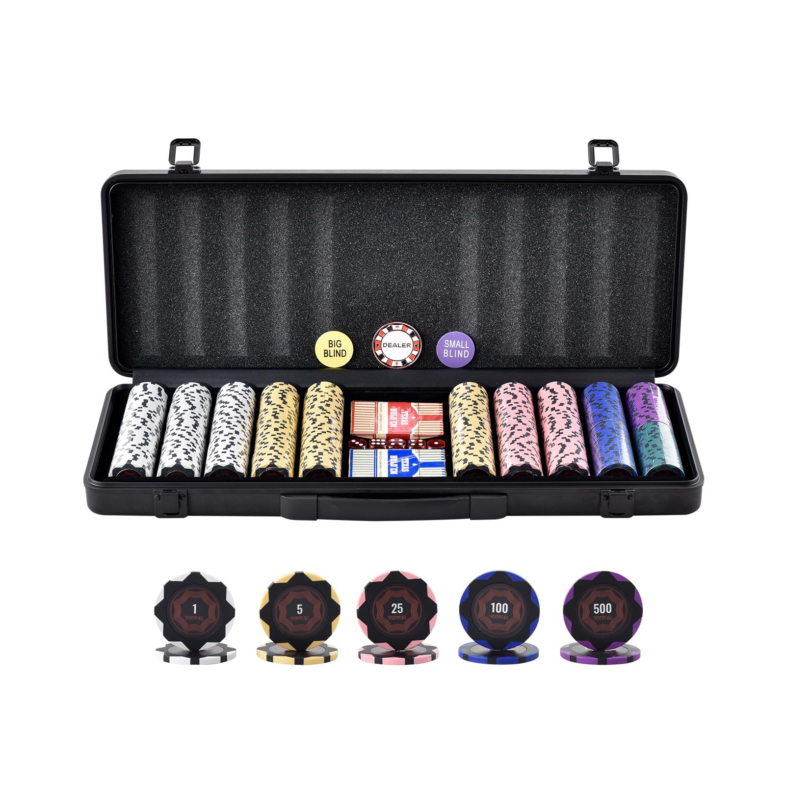 VEVOR 500-Piece Professional Poker Chip Set with Carrying Case - 14g Casino Clay Chips, Playing Cards, Buttons & Dice for Texas Hold'em, Blackjack, Poker Nights & Casino-Themed Parties - Perfect for Home Games, Casino Nights & Gifts