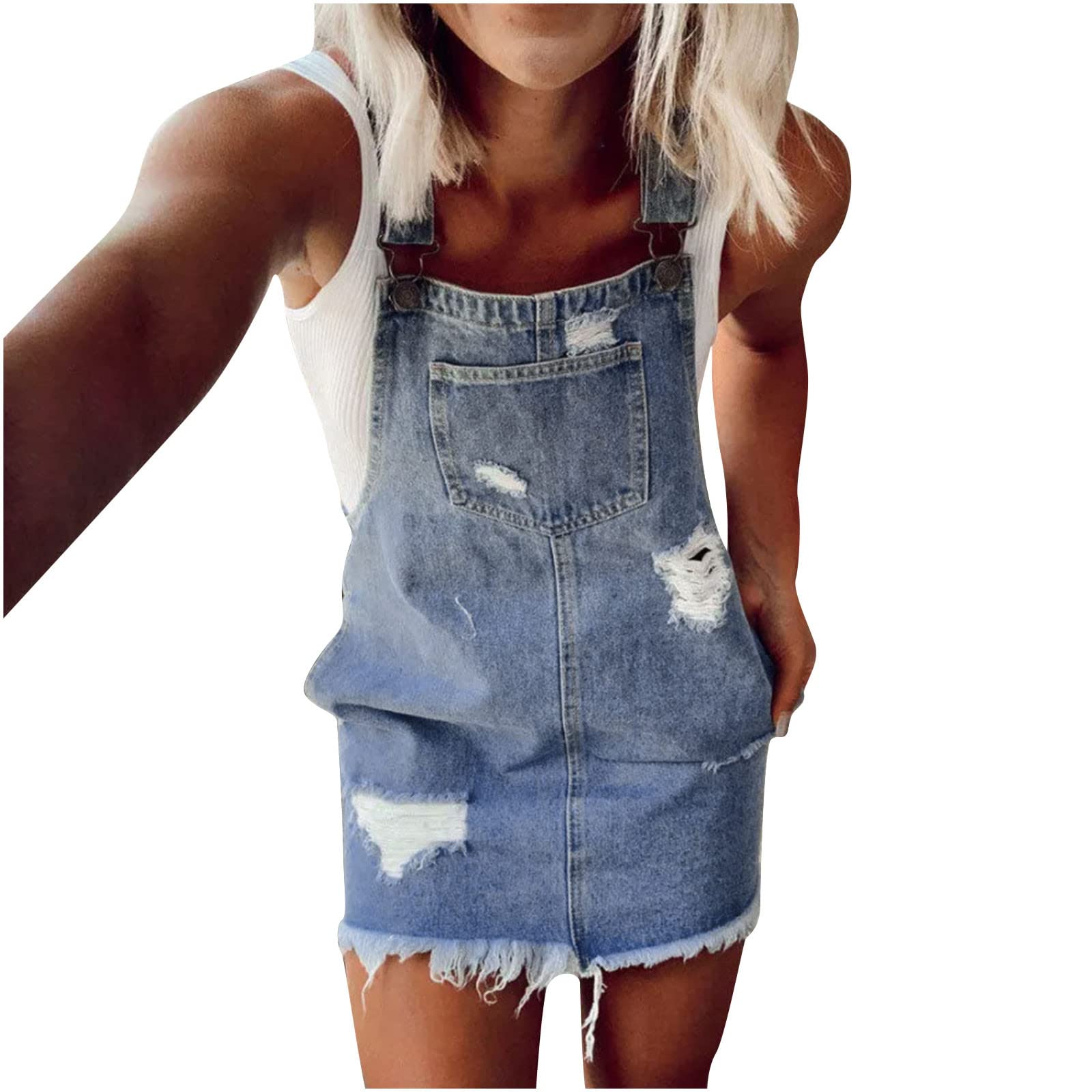 Stylish Women's Denim Bib Overalls Dress - Summer Ripped Hole Raw Hem Adjustable Strap Mini Jumpsuit | Casual Outfit, Streetwear Fashion, Music Festival Wear
