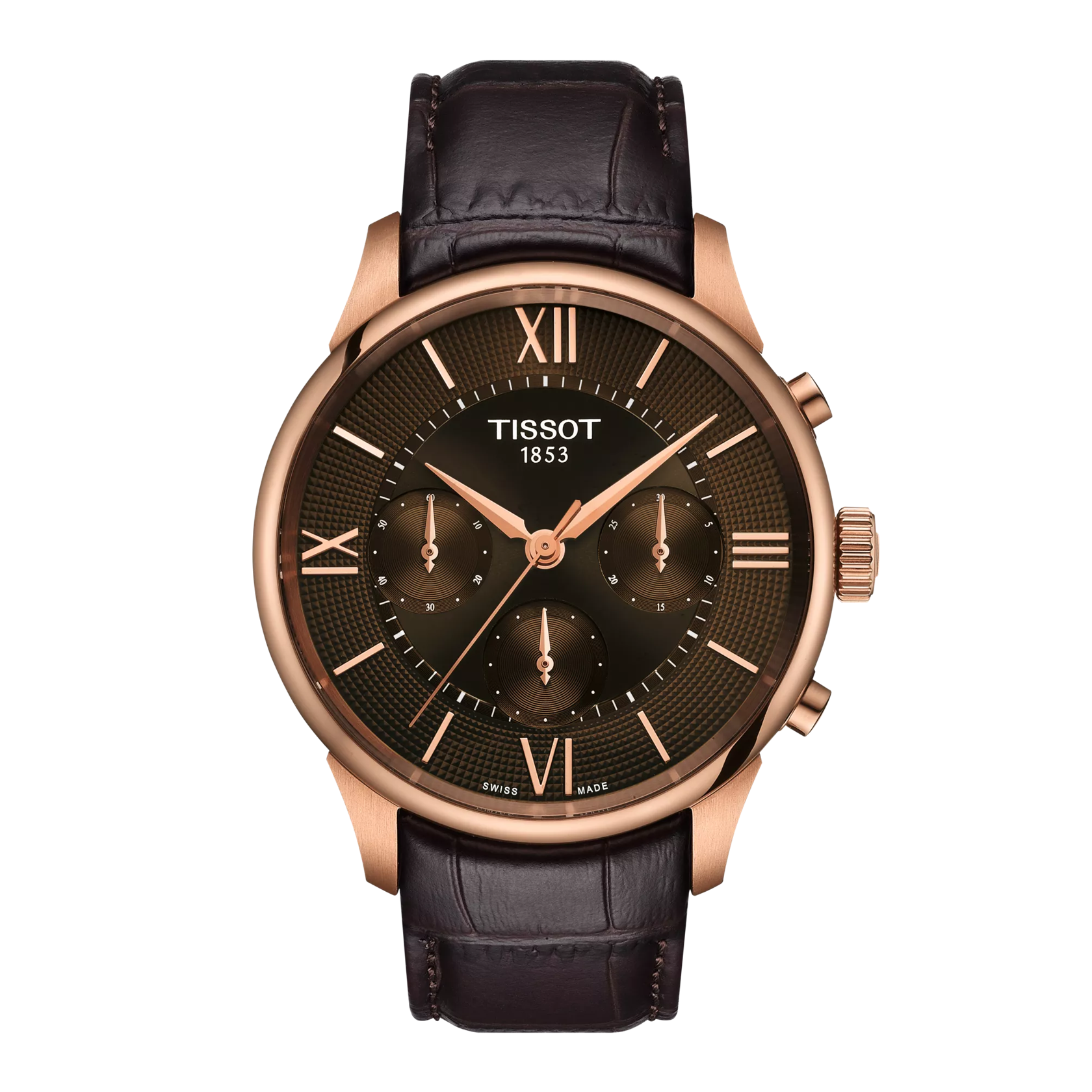 Tissot Chemin Des Tourelles 42mm Brown Leather Strap Rose Gold Men's Watch T1394623629800 - Luxury Dress Watch for Business & Formal Occasions