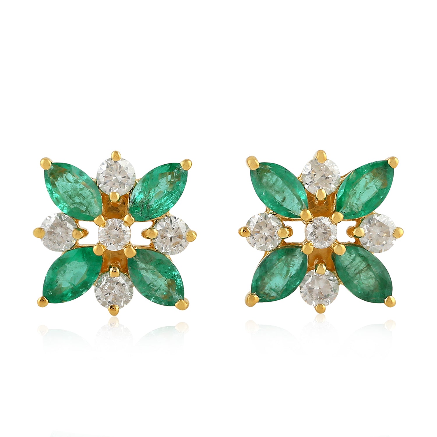 Exquisite Marquise Cut Emerald & Rose Cut Diamond Stud Earrings in 14K Yellow Gold | Vintage Inspired Fine Jewelry for Women | Perfect for Weddings, Anniversaries & Special Occasions