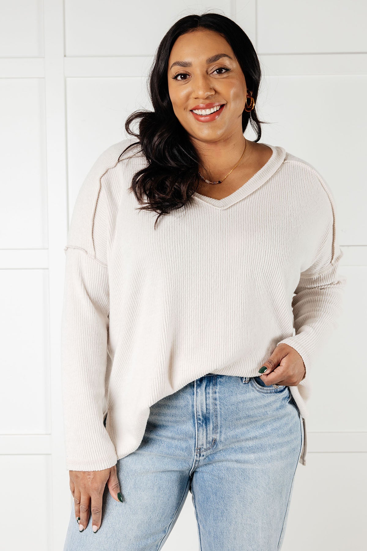 Soft Brushed Hacci Sweater Top in Sand Beige | Cozy Winter Pullover for Women | Perfect for Layering, Office Wear & Casual Outfits