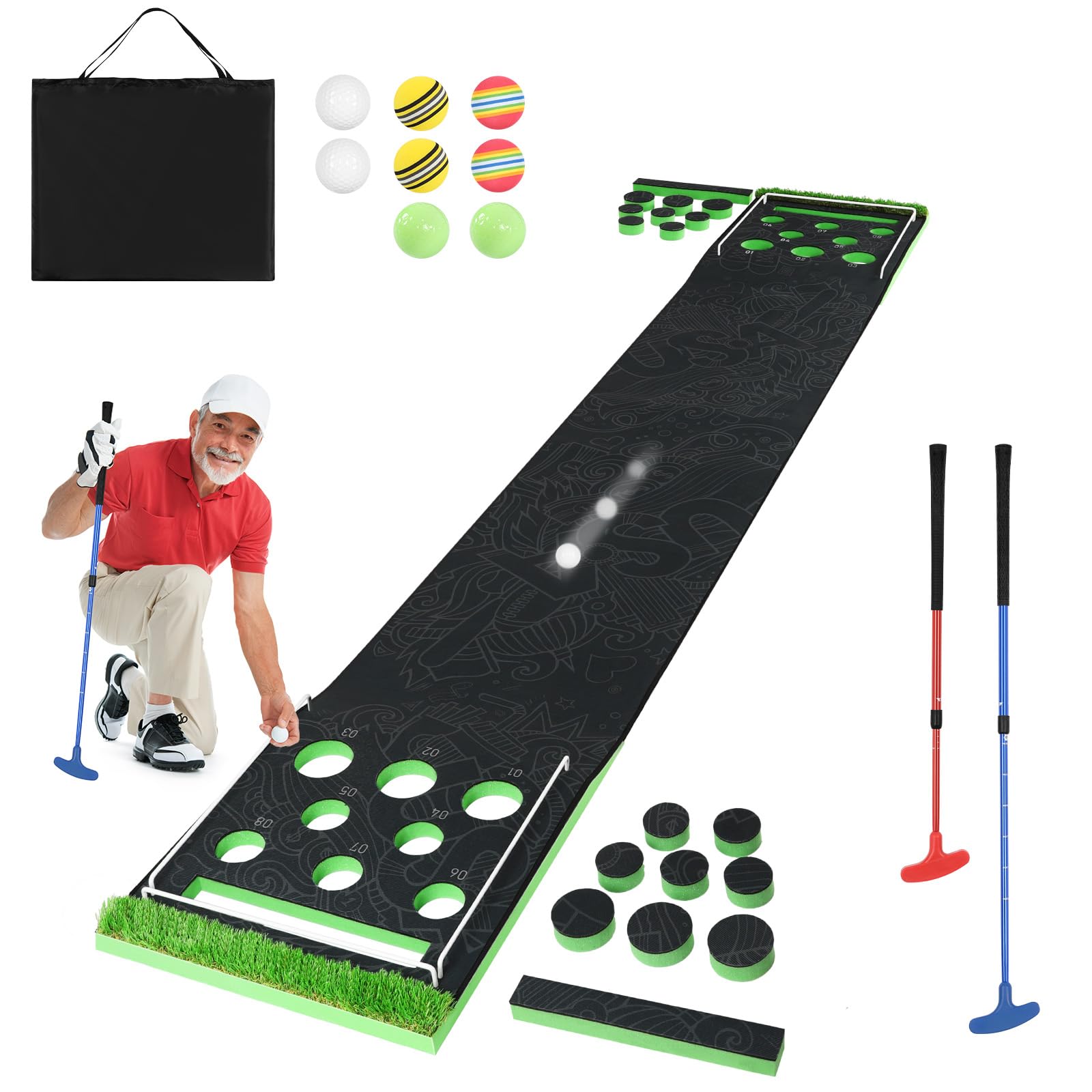 Premium Golf Pong Game Set - Adjustable Putter, 8 Golf Balls & Carrying Bag - Indoor/Outdoor Putting Green for Backyard, Parties & Family Fun