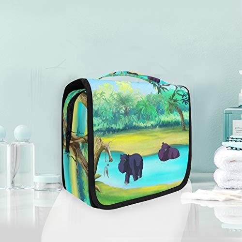 Waterproof Hanging Travel Toiletry Bag for Men & Women - Large Cosmetic Organizer with Multiple Pockets - Perfect for Camping, Gym, Business Trips & Vacation - Hippo River Forest Design by Domook
