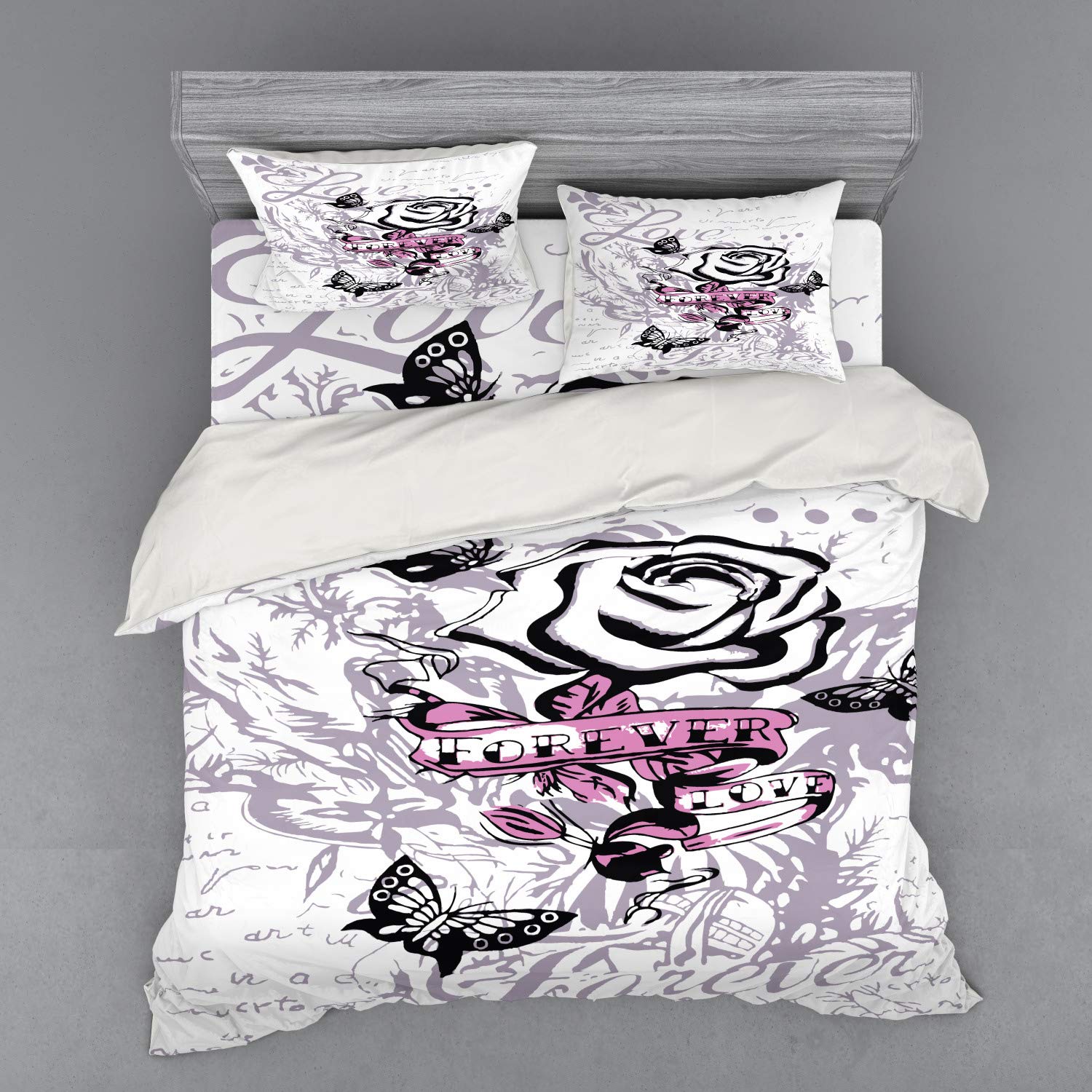 Ambesonne Rose Bedding Set - Victorian Floral Duvet Cover with Butterflies, 4-Piece King Size in Pale Mauve Pink | Romantic Bedroom Decor for Master & Guest Rooms