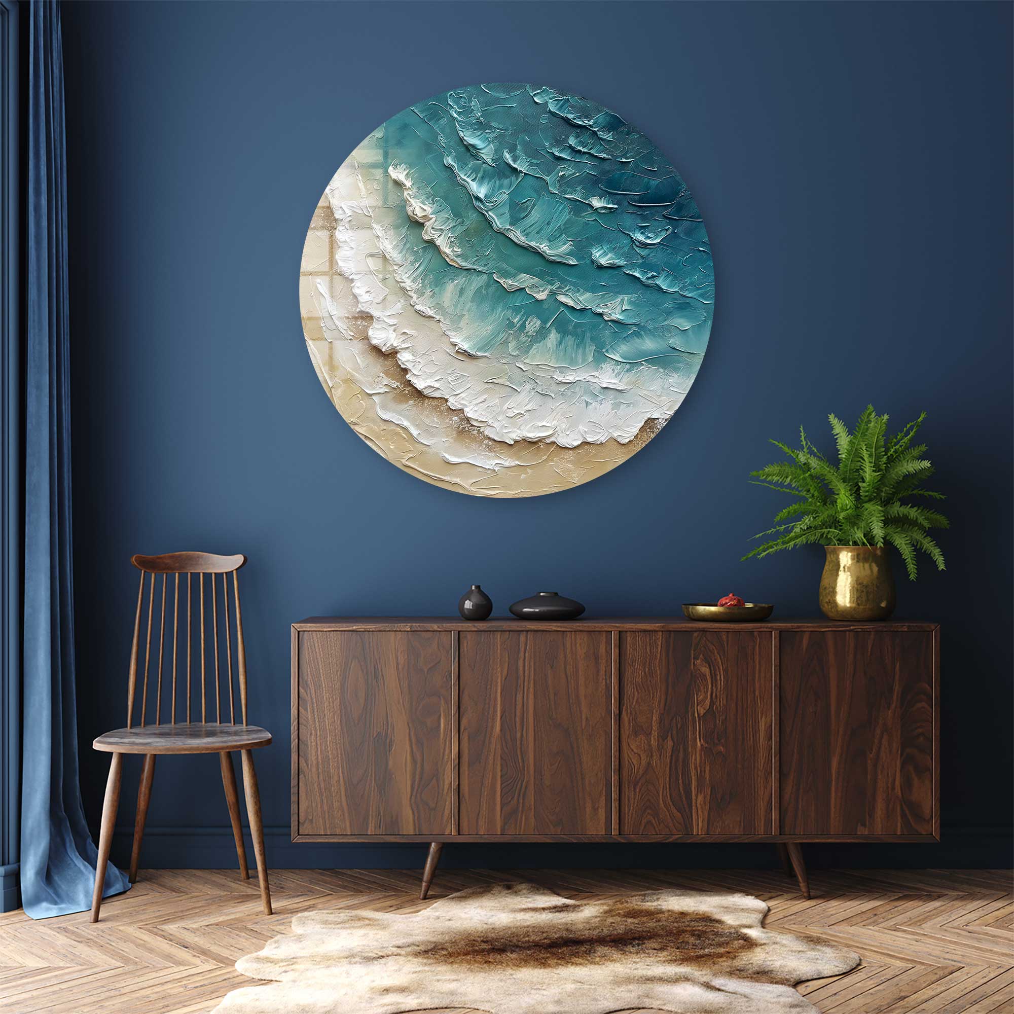 Modern Rounded Glass Wall Art with Ocean Wave Painting - Perfect for Living Room, Bedroom & Office Decor