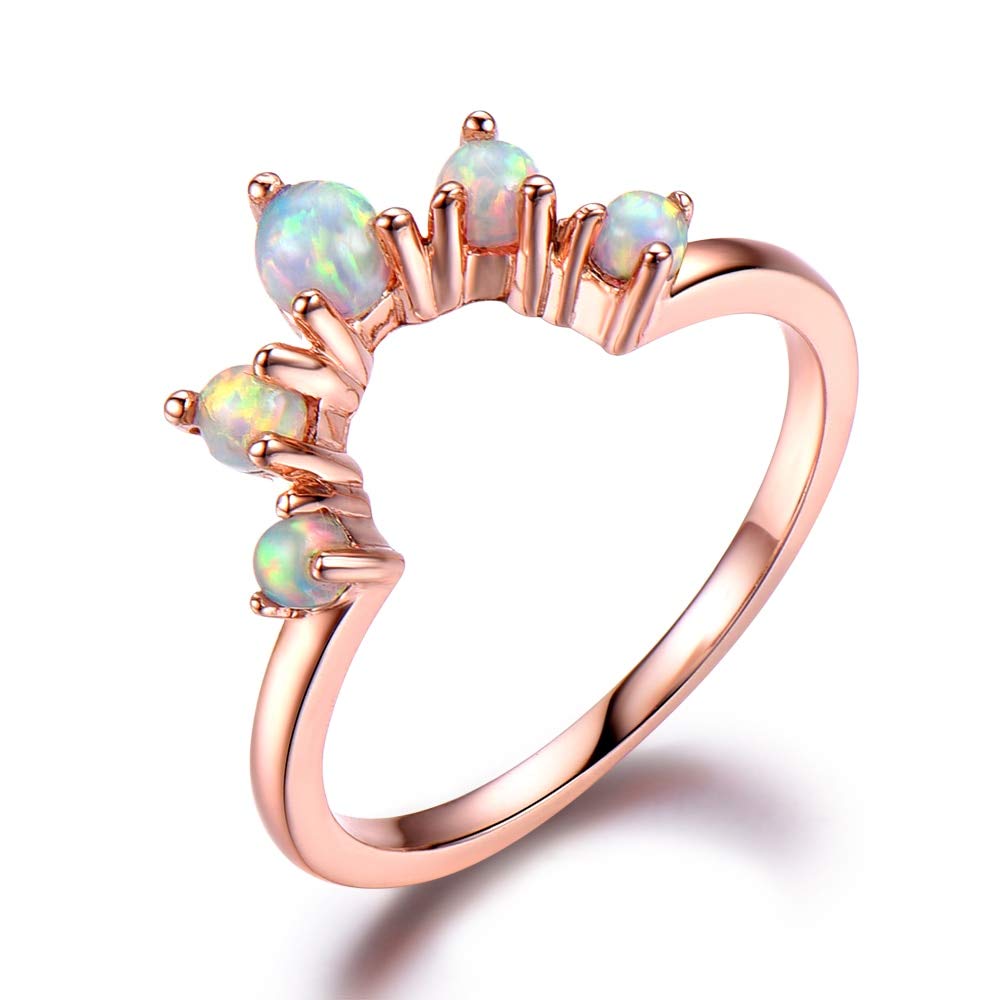 14K Rose Gold Opal Wedding Band - Curved Engagement Ring for Women, Stackable Matching Jewelry, Vintage Crown Design for Bridal, Anniversary & Special Occasions