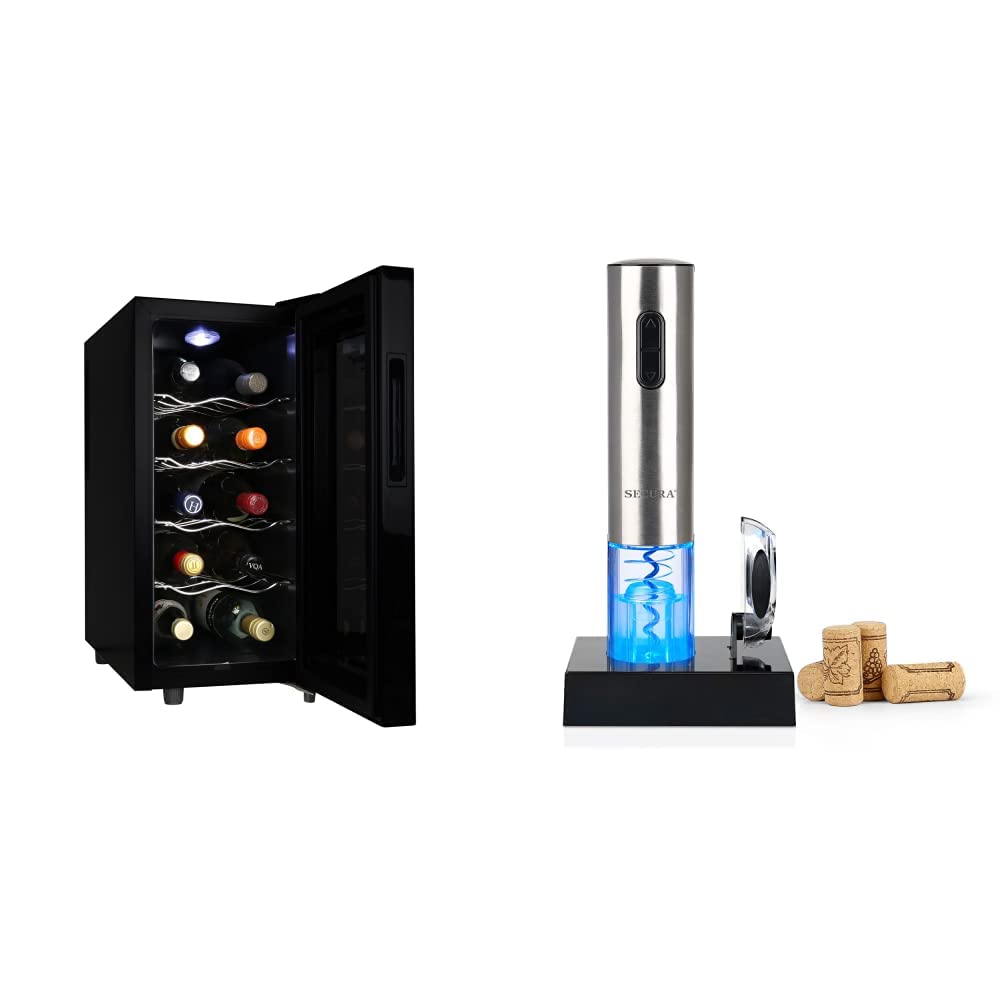 Koolatron KWT10BN Urban Series 10 Bottle Compact Refrigerator - Black | Secura Rechargeable Electric Wine Opener with Foil Cutter - Stainless Steel | Perfect for Home Bars, Parties & Outdoor Entertaining