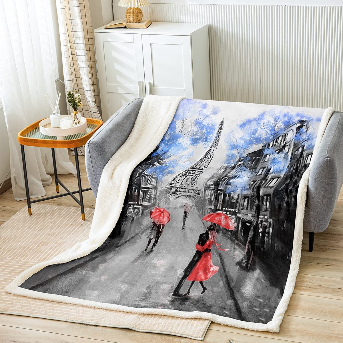 Eiffel Tower Sherpa Fleece Throw Blanket - Paris Themed Romantic Bed & Sofa Blanket for Women & Couples, 60