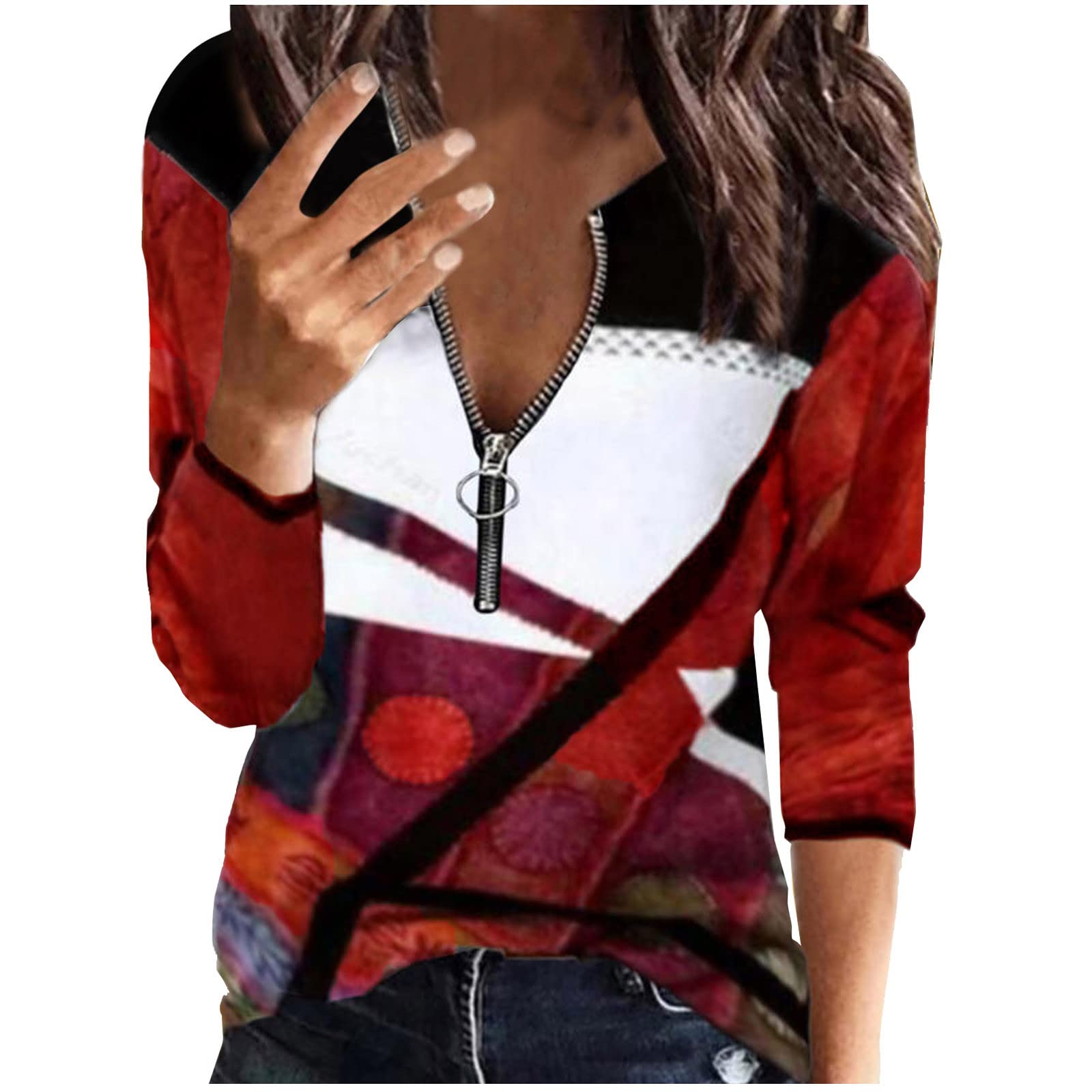 Women's Waffle Knit Shirt - Dressy Casual Half Zip V-Neck Long Sleeve Blouse - Loose Fit Tummy Control Top for Work, Date Night & Fall Layering