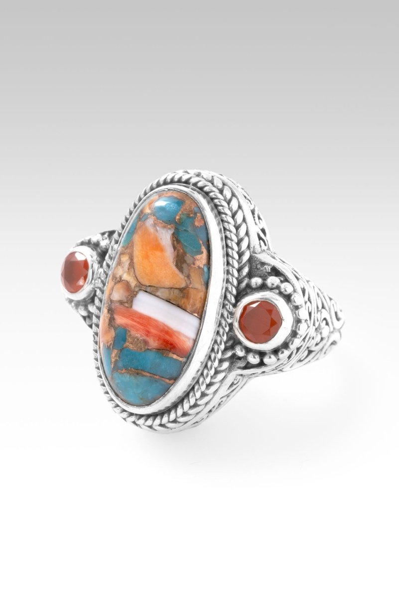 Wisdom in Surrender Ring II™ - Kingman Turquoise, Spiny Oyster & Carnelian Sterling Silver Ring for Women | Boho Jewelry, Spiritual Gift, Meditation Accessory