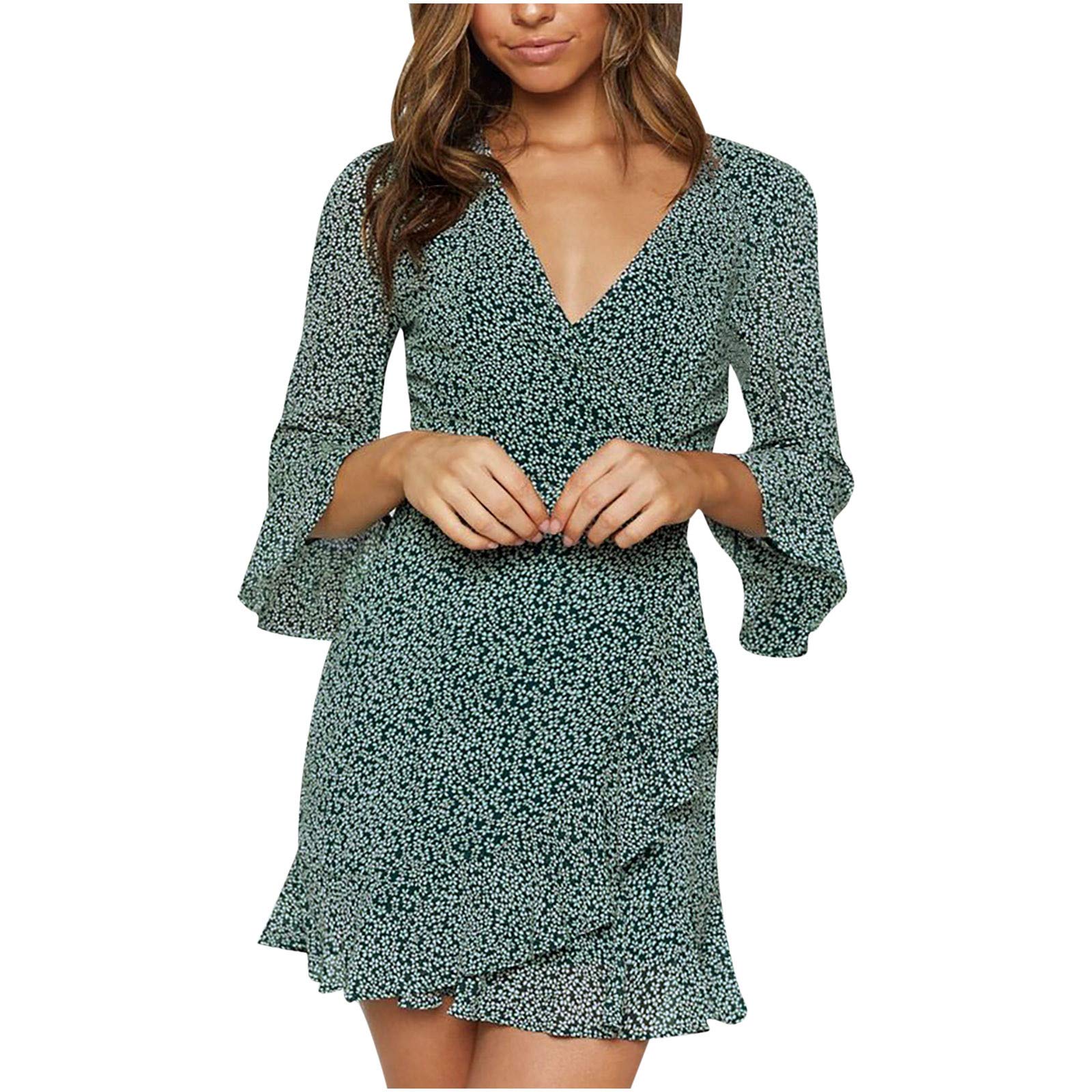 Zenji Women's Slim Fit High Waist Floral Print Chiffon Dress with Ruffle V-Neck & Long Sleeves - Elegant Green Flowy Dress for Party, Wedding & Special Occasions