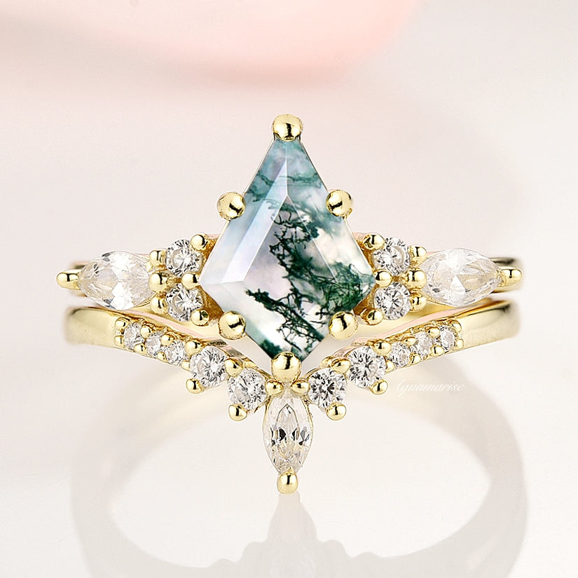 Skye Kite™ Green Moss Agate Ring Set - 14K Solid Yellow Gold Women's Jewelry | Nature-Inspired Gemstone Rings for Everyday Wear, Gift Giving & Special Occasions