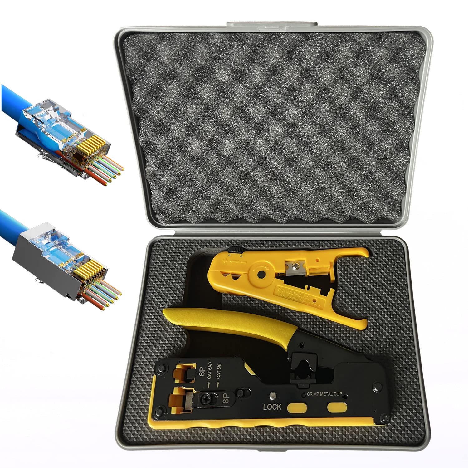 Professional RJ45 Crimp Tool Kit - Ethernet Crimper for Cat7, Cat6A, Cat6, Cat5e & Cat5 - Includes Wire Stripper & Pass Through Connectors - Perfect for Network Installations, Home Office Setup & IT Professionals