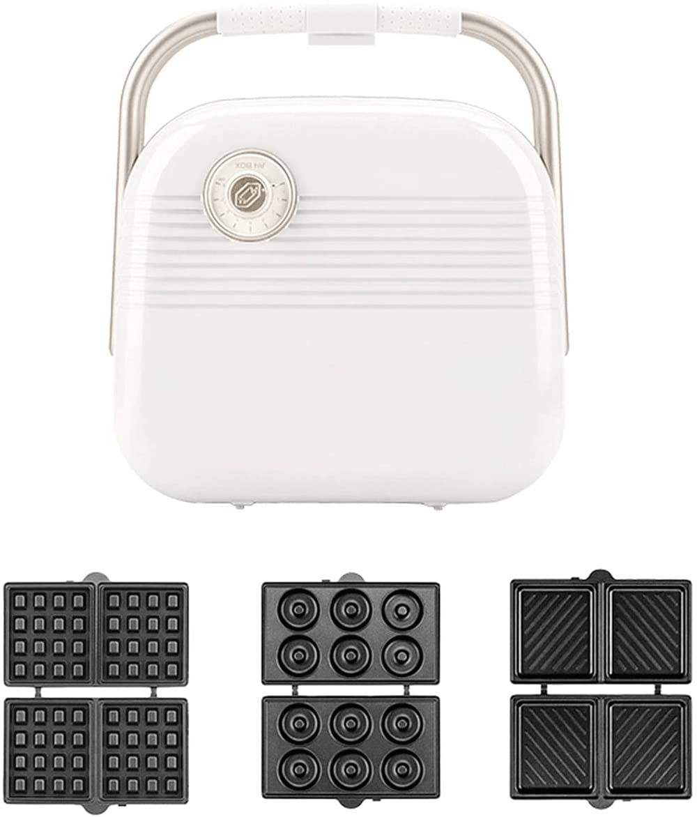MZLXDEDIAN 3-in-1 Waffle Maker & Grilled Cheese Sandwich Press with Removable Non-Stick Plates, Cool-Touch Handle, 900W Electric - Perfect for Breakfast, Brunch & Camping (White)