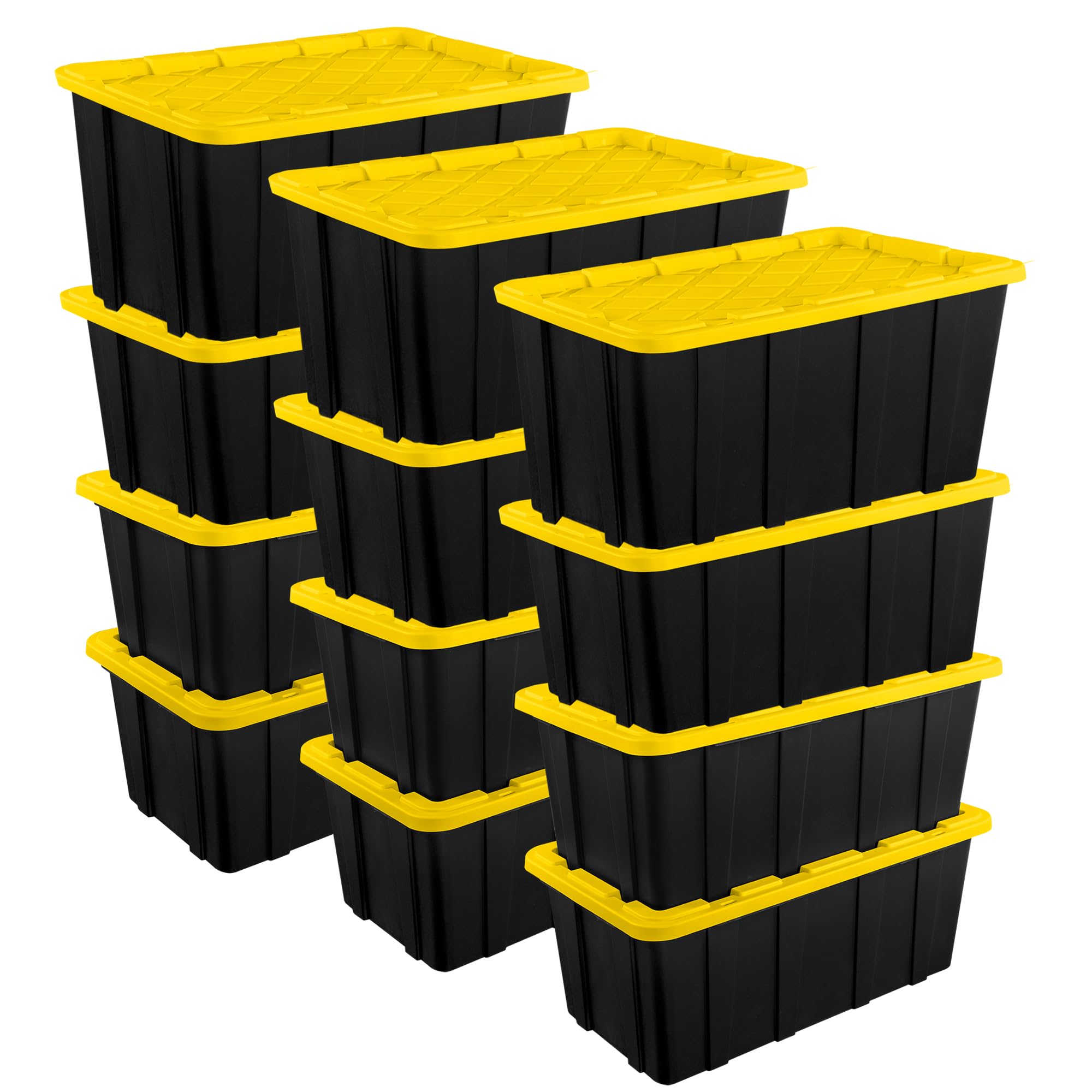Sterilite 12-Pack 38 Gallon Heavy Duty Stackable Storage Bins with Lids - Black & Yellow - Perfect for Home Organization, Garage Storage, and Moving Supplies