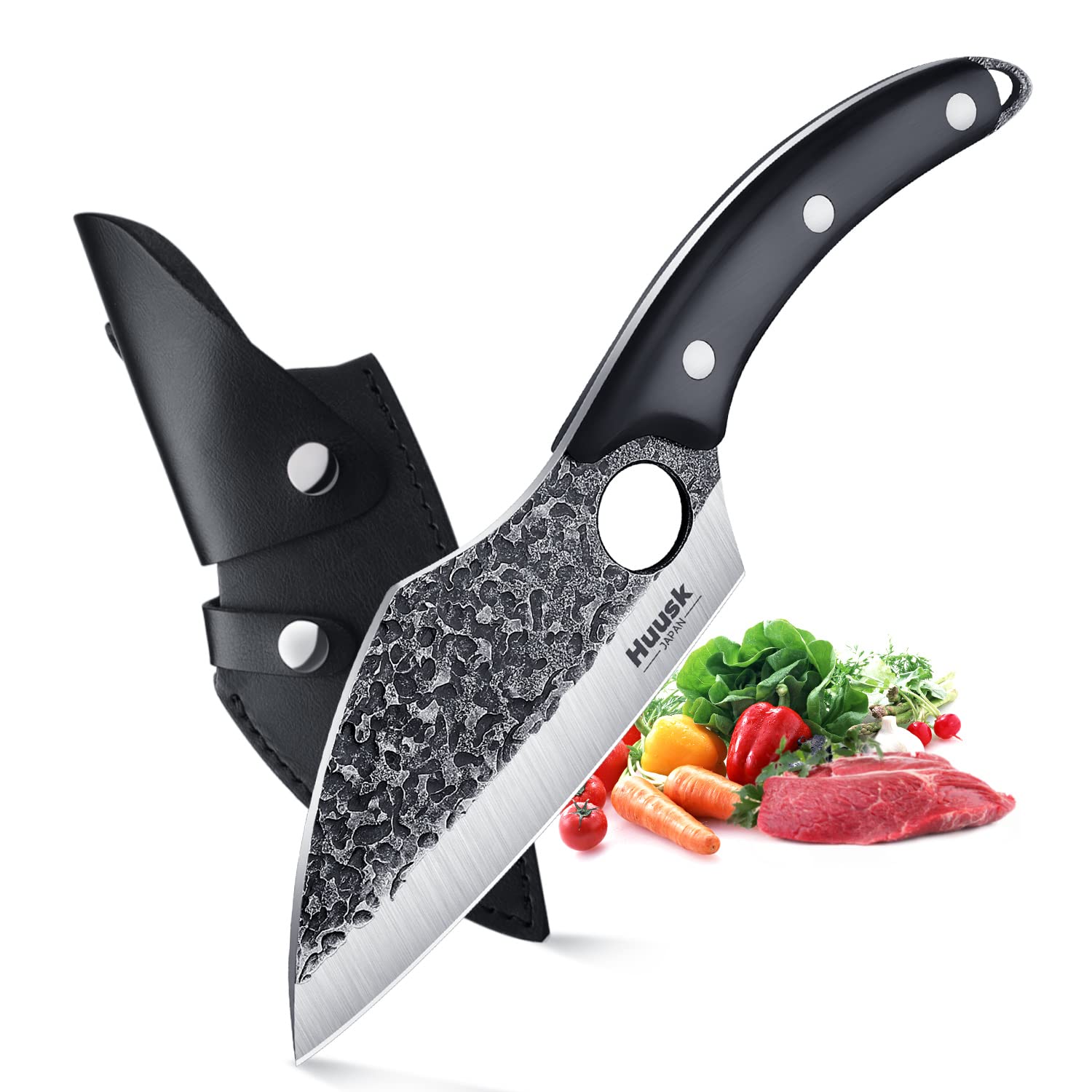Huusk High Carbon Steel Forged Viking Meat Cleaver Knife - Full Tang Butcher Knife with Black Sheath for Meat Cutting, Kitchen, BBQ & Camping | Perfect for Home Chefs, Outdoor Cooking & Hunting Gifts