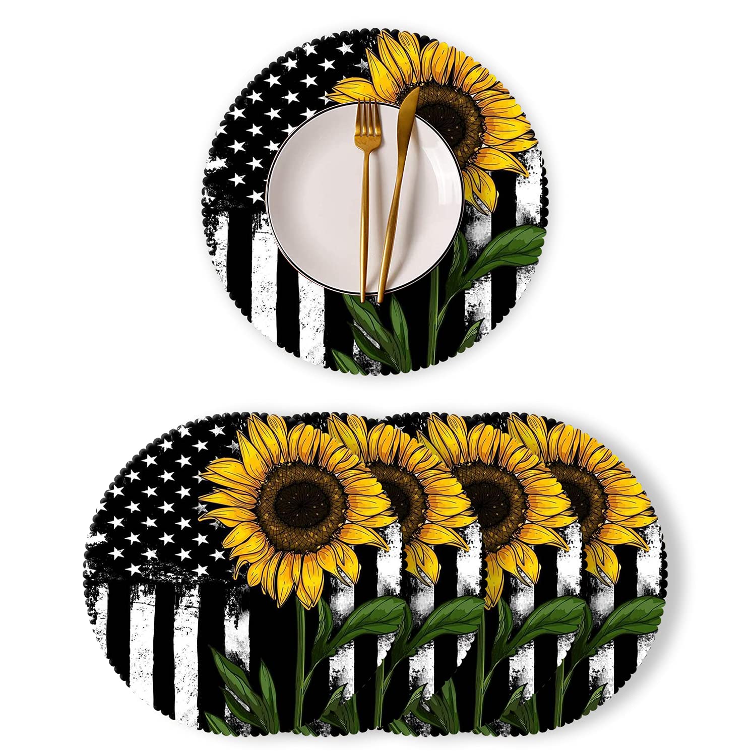 4-Pack Round Heat-Resistant Polyester Placemats - Sunflower & Black Flag Design for Christmas Kitchen & Dining Table Decor | Perfect for Holiday Gatherings, Dinner Parties & Everyday Use