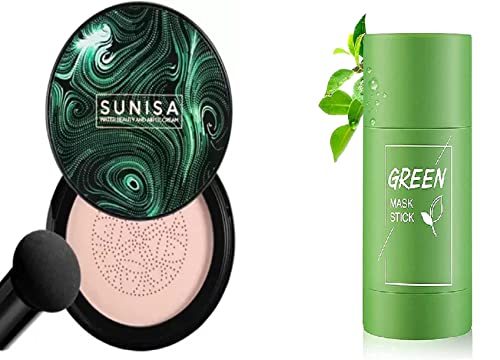 Lusty Soul SUNISA BB & CC Cream Foundation with Mushroom Head Air Cushion (20g) + Green Tea Stick Mask - 2 Pack Set for Daily Makeup & Skincare Routine