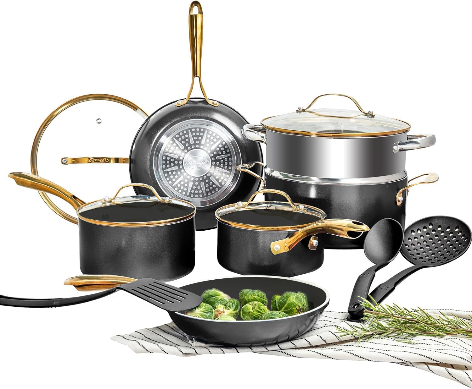 Gotham Steel 15-Piece Ceramic Non-Stick Cookware Set - Pots & Pans Kitchen Collection | Black Gold | Non-Toxic, Dishwasher Safe | Perfect for Frying, Sautéing & Everyday Cooking