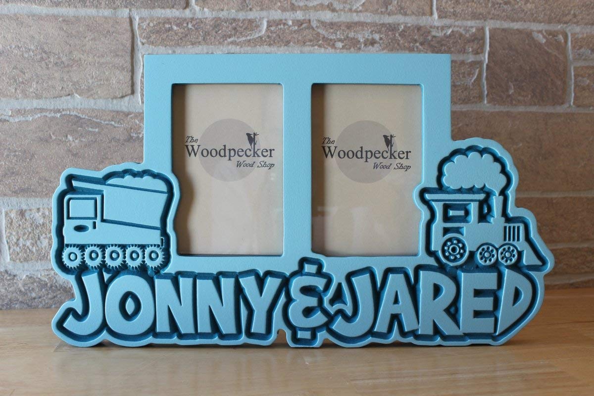 Personalized Twin Children's Wooden Truck & Train Picture Frame - Custom Names, Colors & Fonts for Baby, Newborn & Pet Photos | Perfect for Nursery, Kids Room & Gift Giving