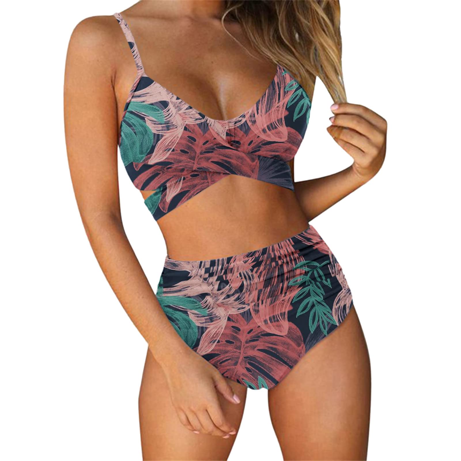 Women's Floral Print Criss Cross 2 Piece Swimsuit with High Waisted Shorts - Sexy Bikini Set for Beach, Pool & Summer Vacation