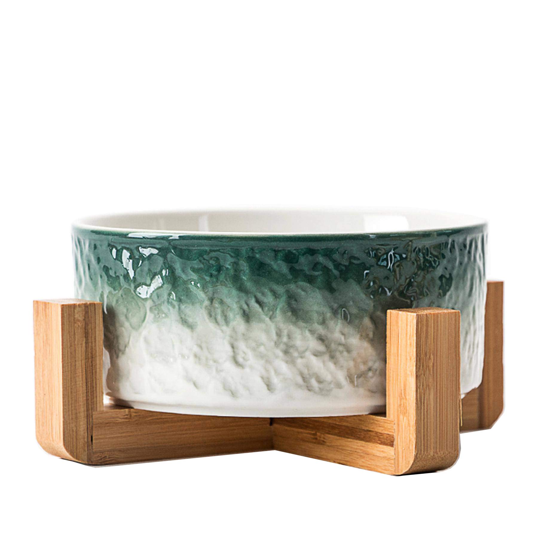 Durable Ceramic Round Cat & Dog Bowl with Wood Stand - No Spill Pet Food & Water Feeder for Large Cats & Small/Medium Dogs - Eco-Friendly Green - Perfect for Home, Kitchen, or Outdoor Use
