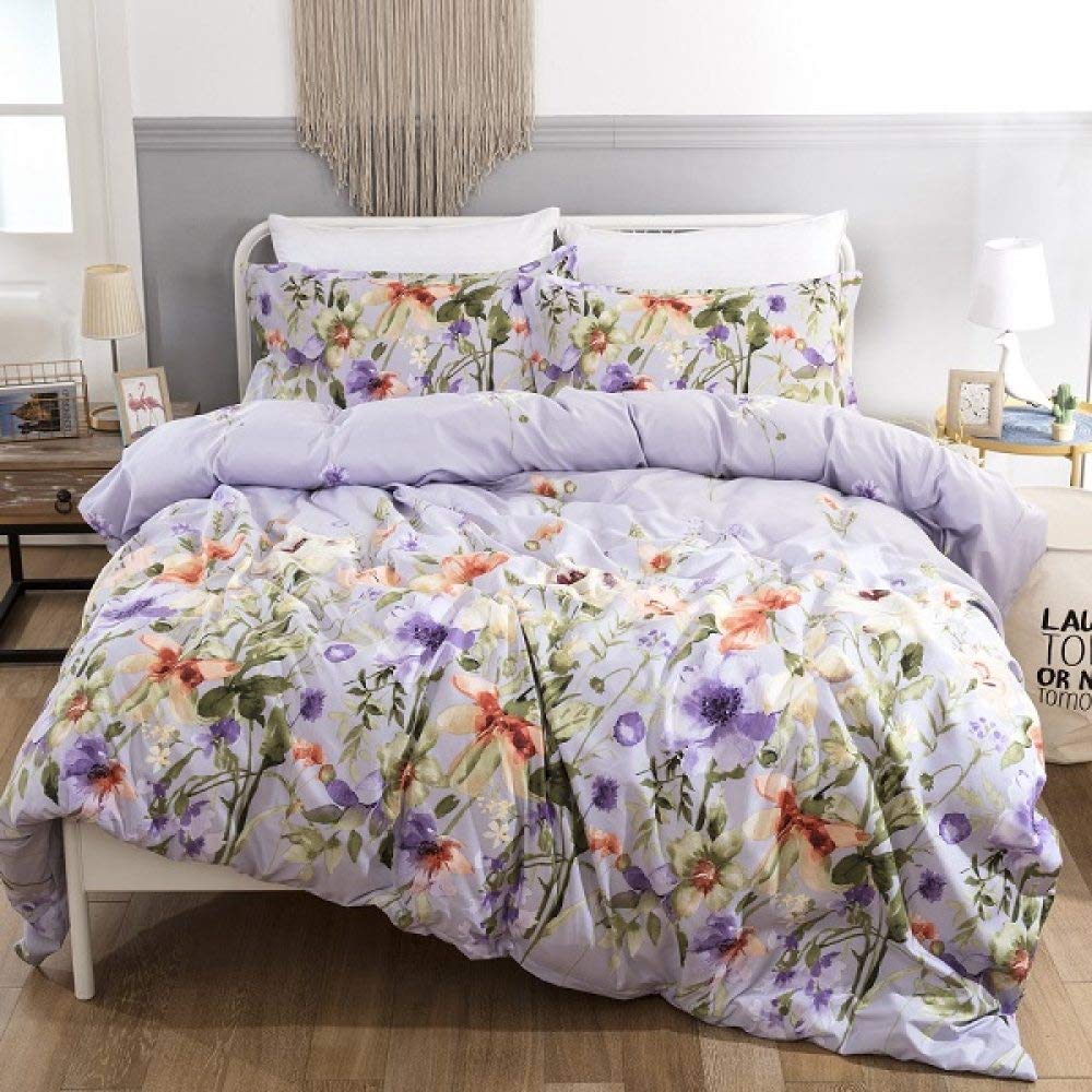 YZBEDSET Purple Floral Orange Red Duvet Cover Set - Microfiber Bedding for Twin, Full, Queen & King Size (US Twin 68x86 Inches) - Soft & Breathable Bed Linen for Cozy Bedroom Decor