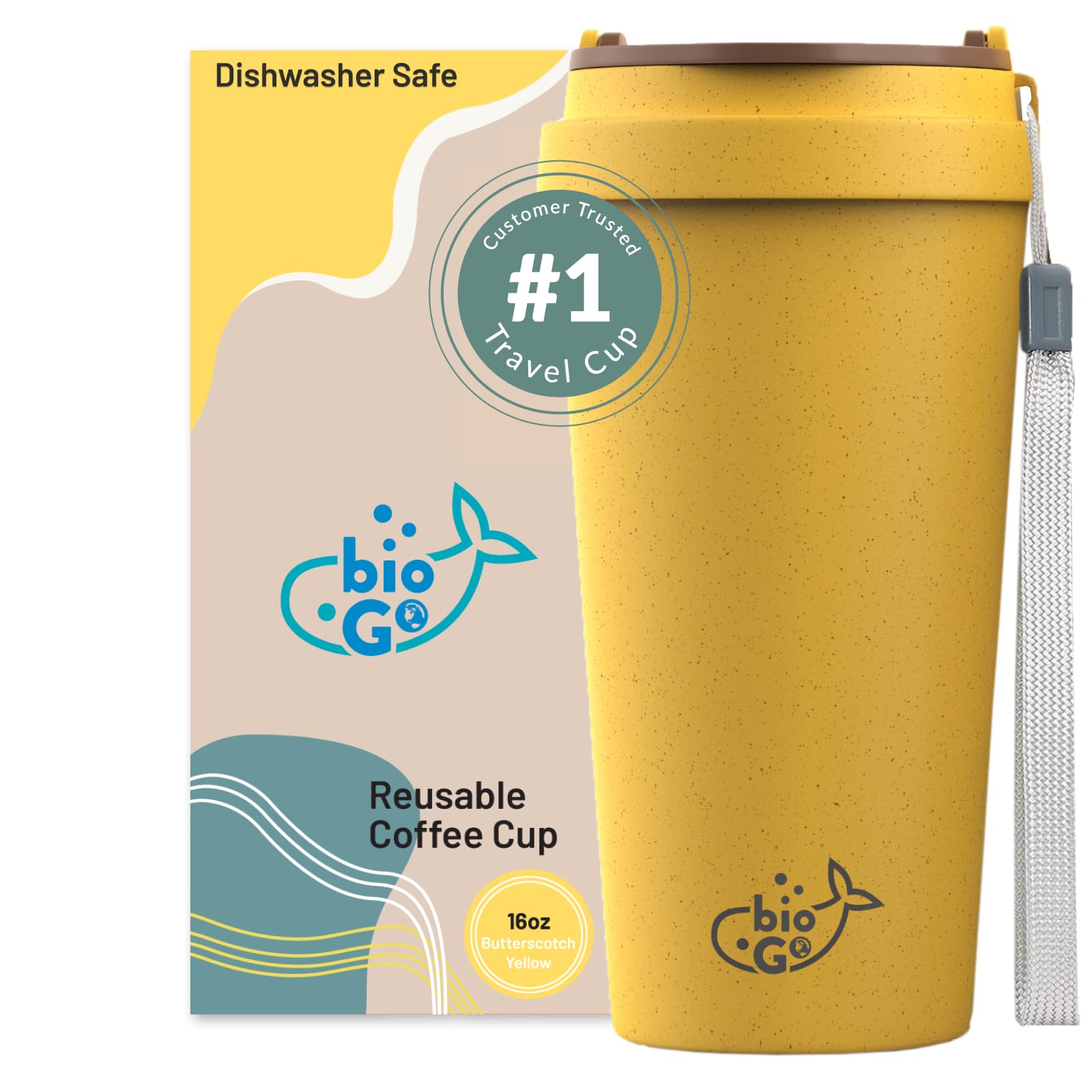 bioGo 16oz Butterscotch Yellow Insulated Travel Coffee Mug - Reusable Stainless Steel Tumbler with Leak-Proof Lid - Microwave & Dishwasher Safe - Perfect for Commuting, Office & Outdoor Adventures