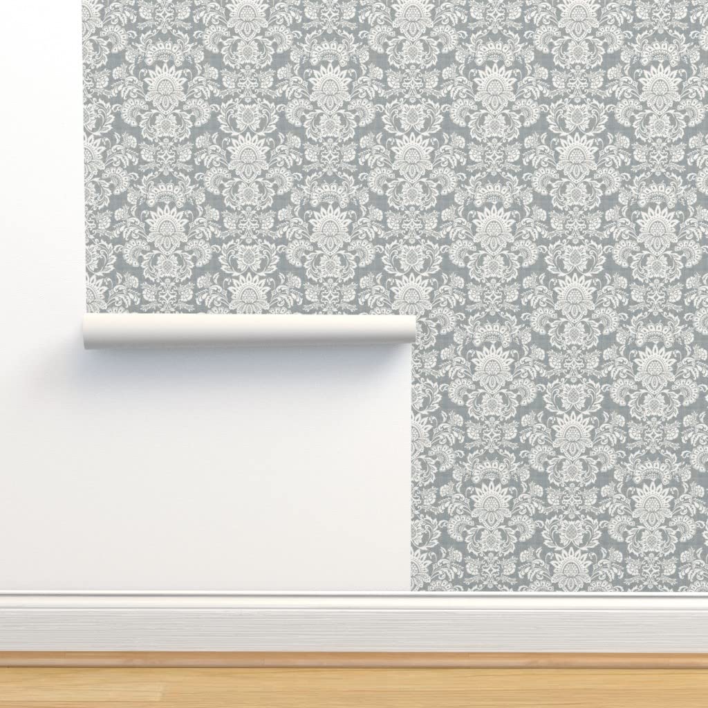 Commercial Grade White Flower Damask Leaves Modern Gray Monochrome Floral Wallpaper - Neutral Traditional Peel & Stick Wall Covering for Living Room, Bedroom, Dining Room Decor